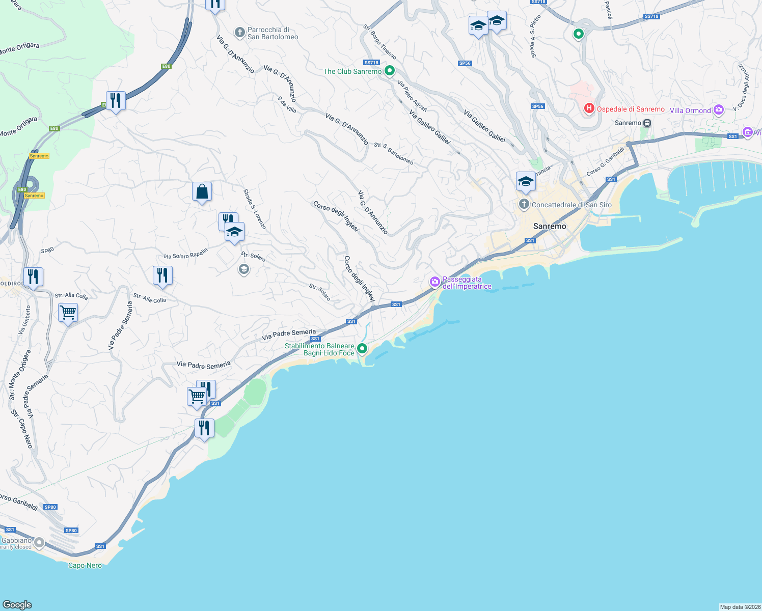 map of restaurants, bars, coffee shops, grocery stores, and more near 21 Corso Matuzia in Sanremo