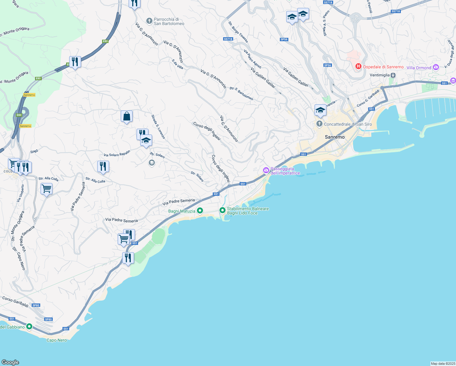 map of restaurants, bars, coffee shops, grocery stores, and more near 1 Via Legnano in Sanremo