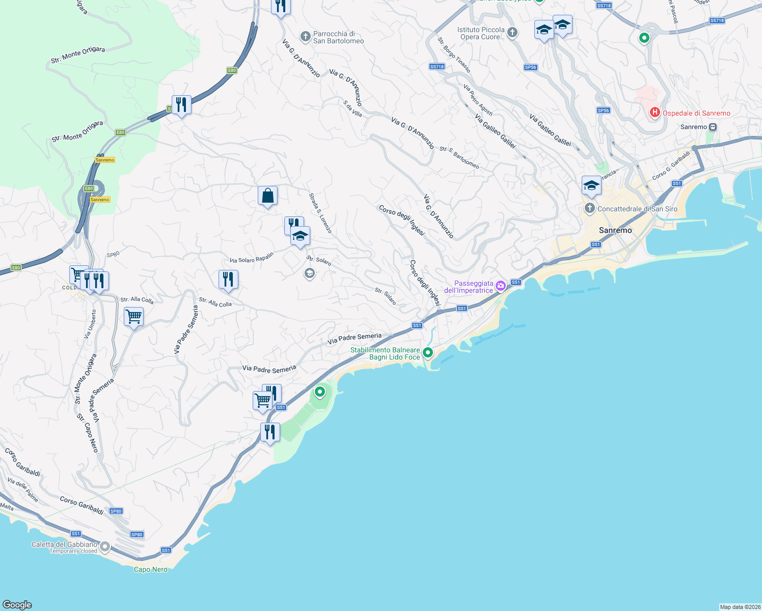 map of restaurants, bars, coffee shops, grocery stores, and more near 59 Strada Solaro in Sanremo