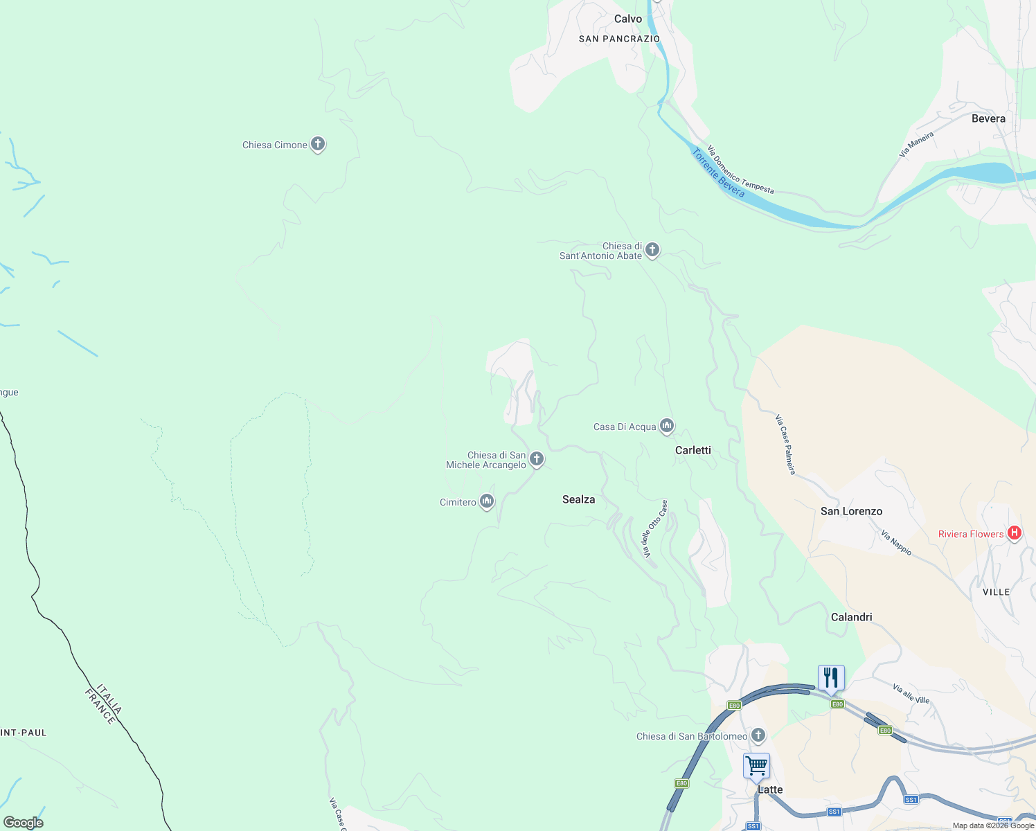 map of restaurants, bars, coffee shops, grocery stores, and more near 193 Via delle Otto Case in Provincia di Imperia