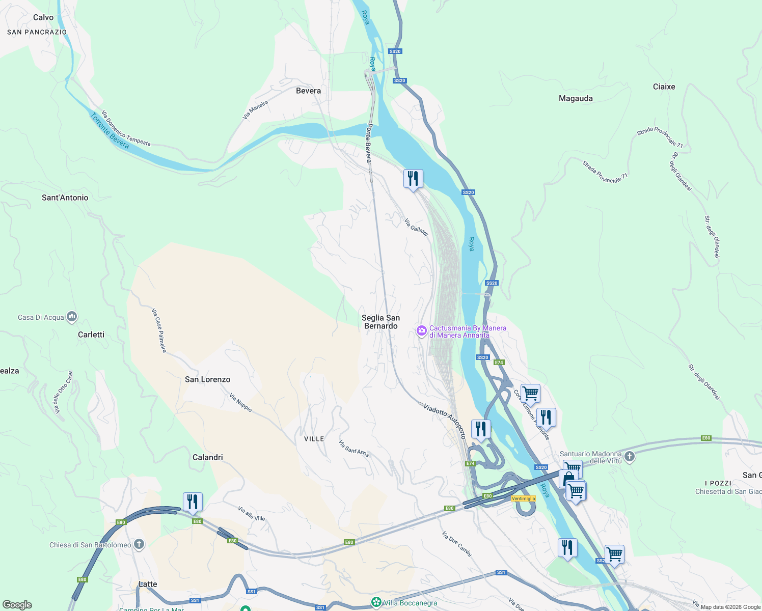 map of restaurants, bars, coffee shops, grocery stores, and more near 5 Via Tamagna in Seglia San Bernardo