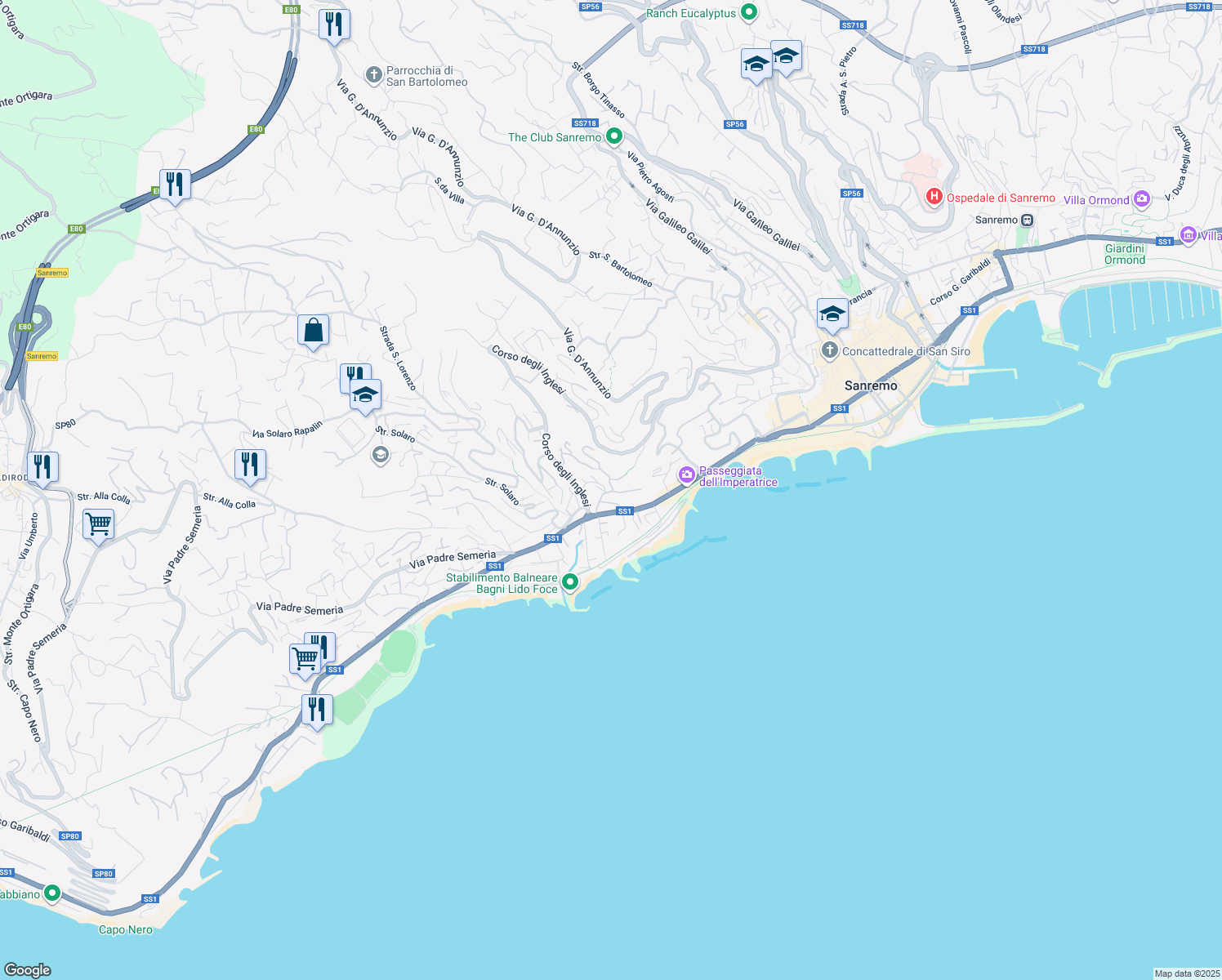 map of restaurants, bars, coffee shops, grocery stores, and more near 13 Via Hope in Sanremo