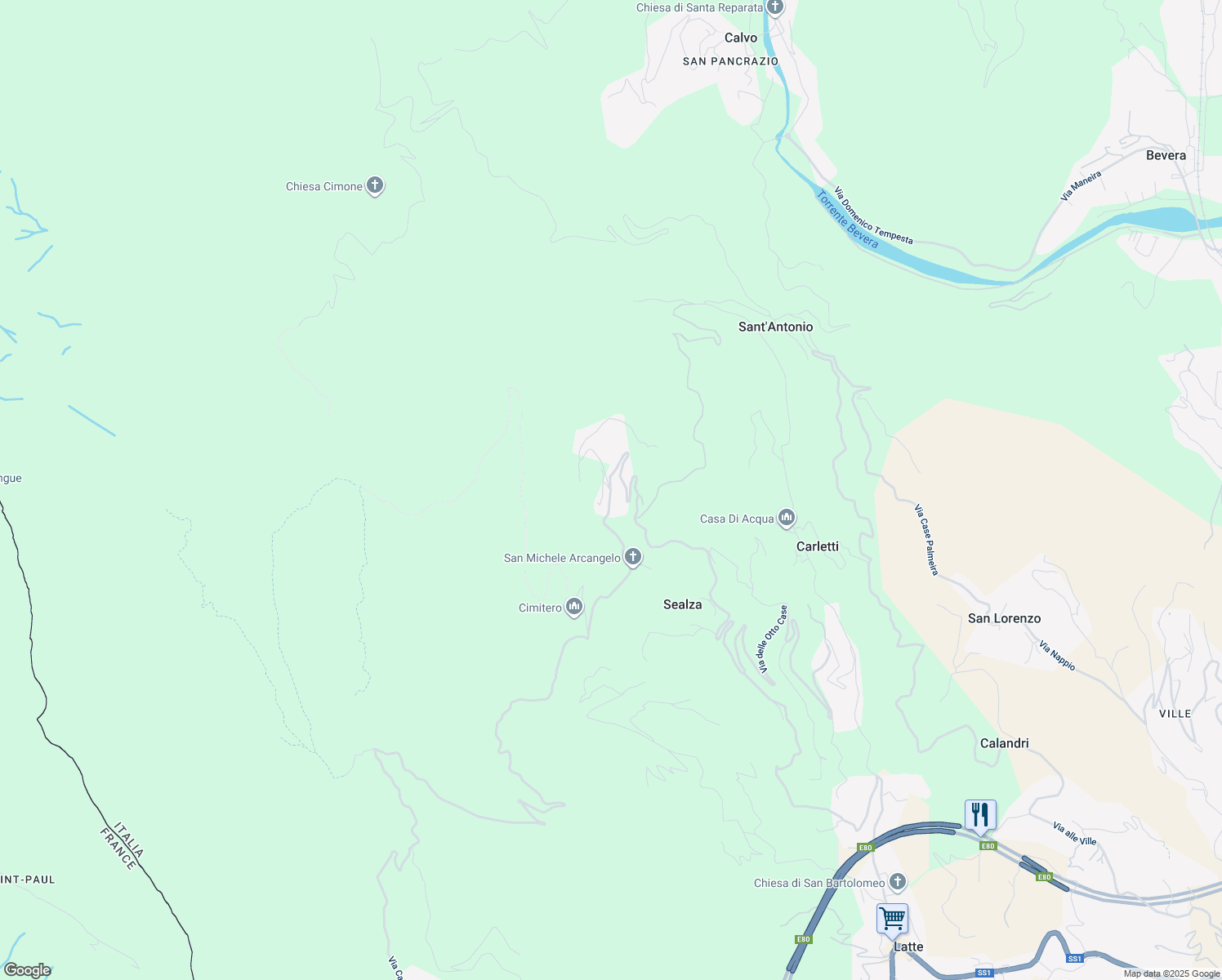 map of restaurants, bars, coffee shops, grocery stores, and more near 193 Via delle Otto Case in Provincia di Imperia