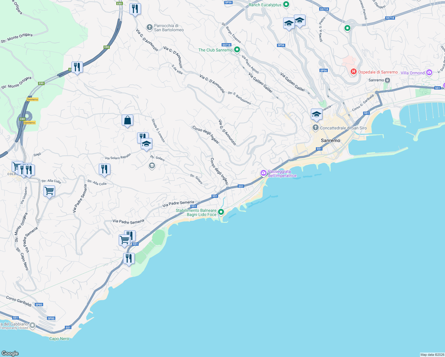 map of restaurants, bars, coffee shops, grocery stores, and more near 599 Corso degli Inglesi in Sanremo