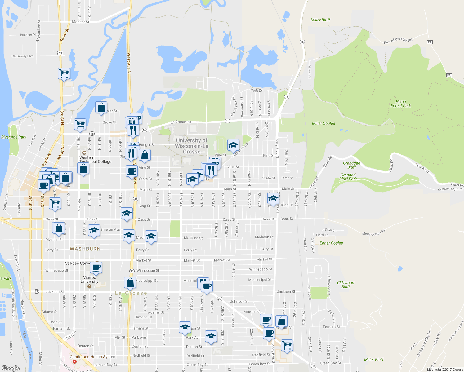map of restaurants, bars, coffee shops, grocery stores, and more near 2027 Main Street in La Crosse