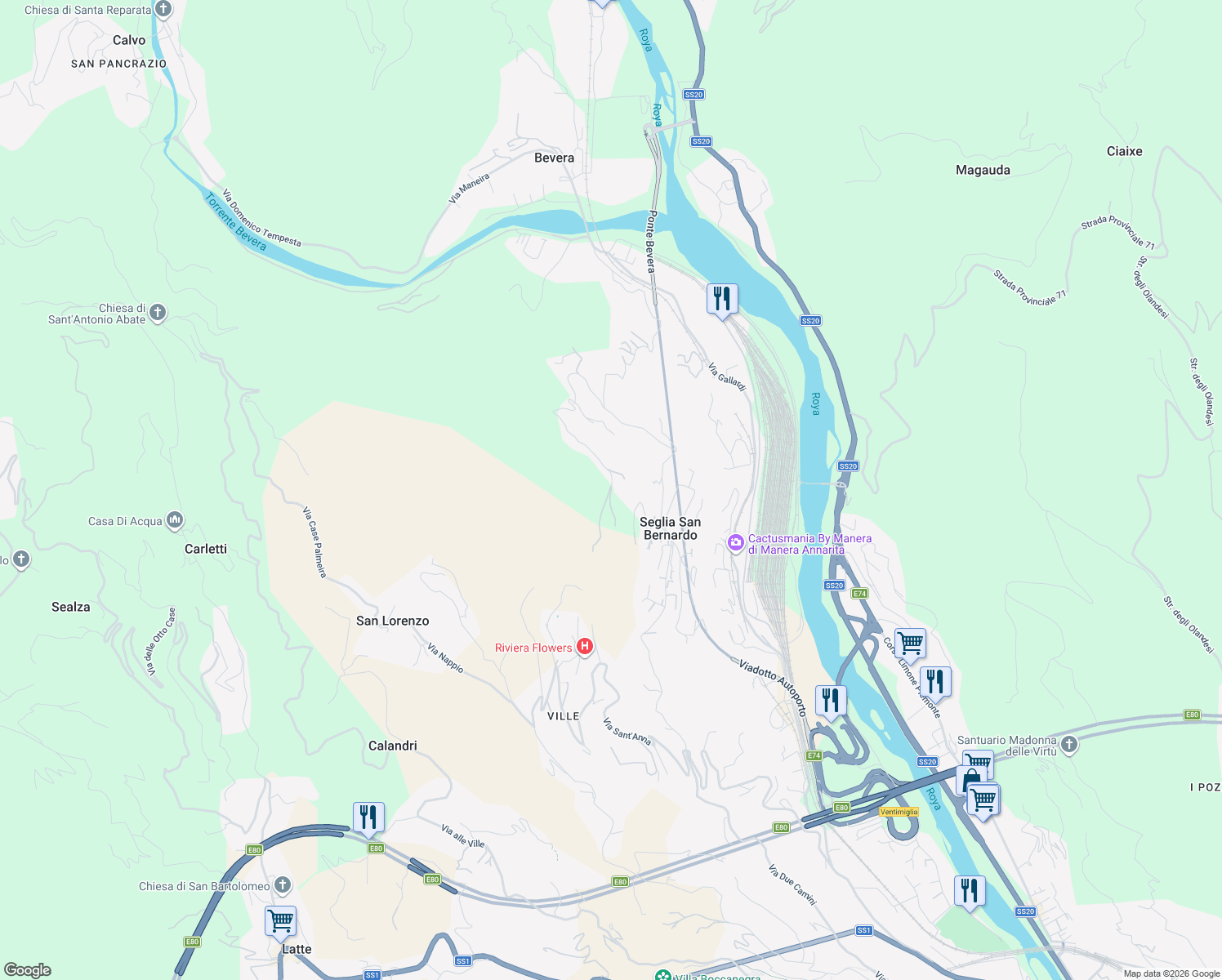 map of restaurants, bars, coffee shops, grocery stores, and more near 131 Via Ciappin in Provincia di Imperia