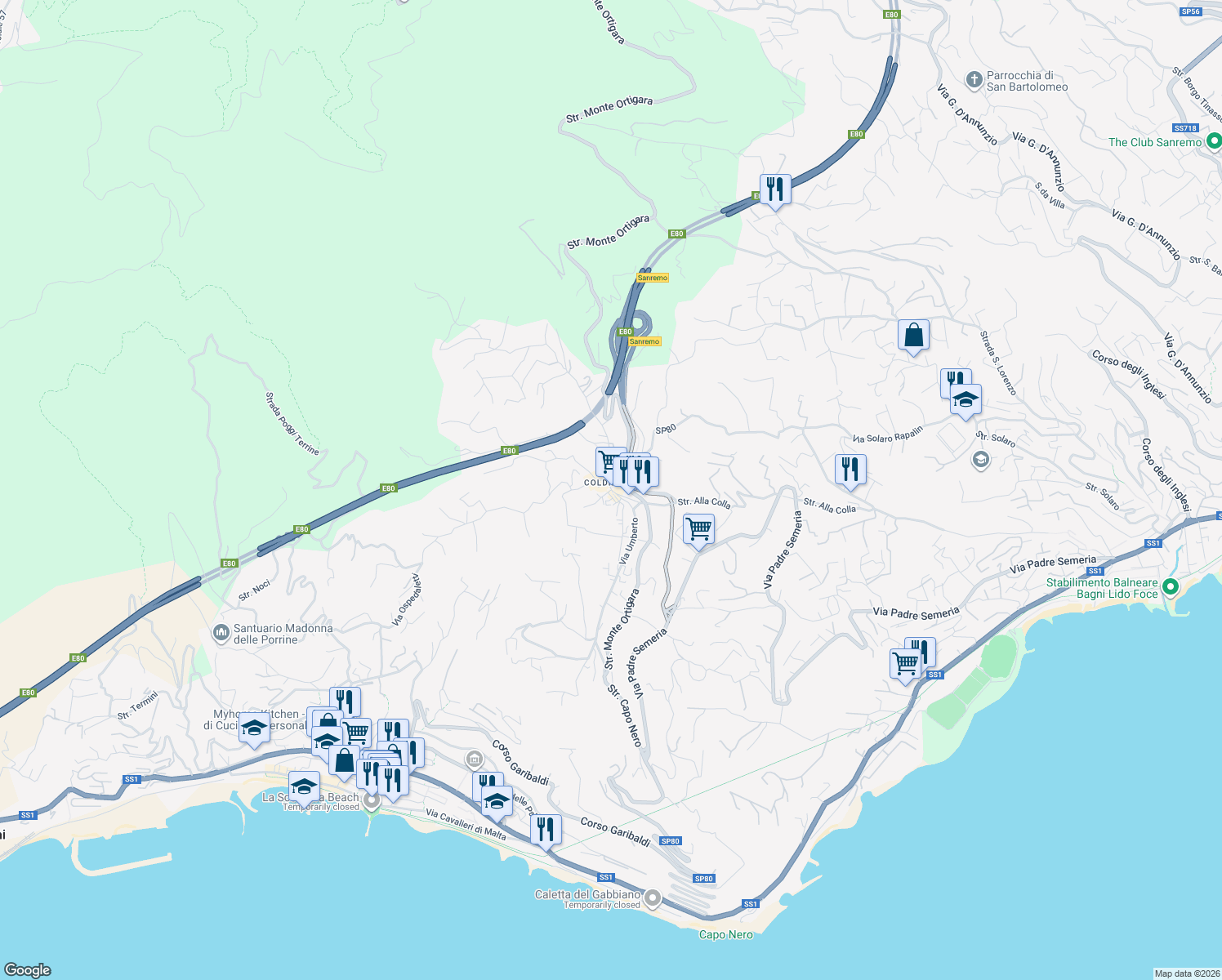 map of restaurants, bars, coffee shops, grocery stores, and more near 4 Piazza San Sebastiano in Sanremo