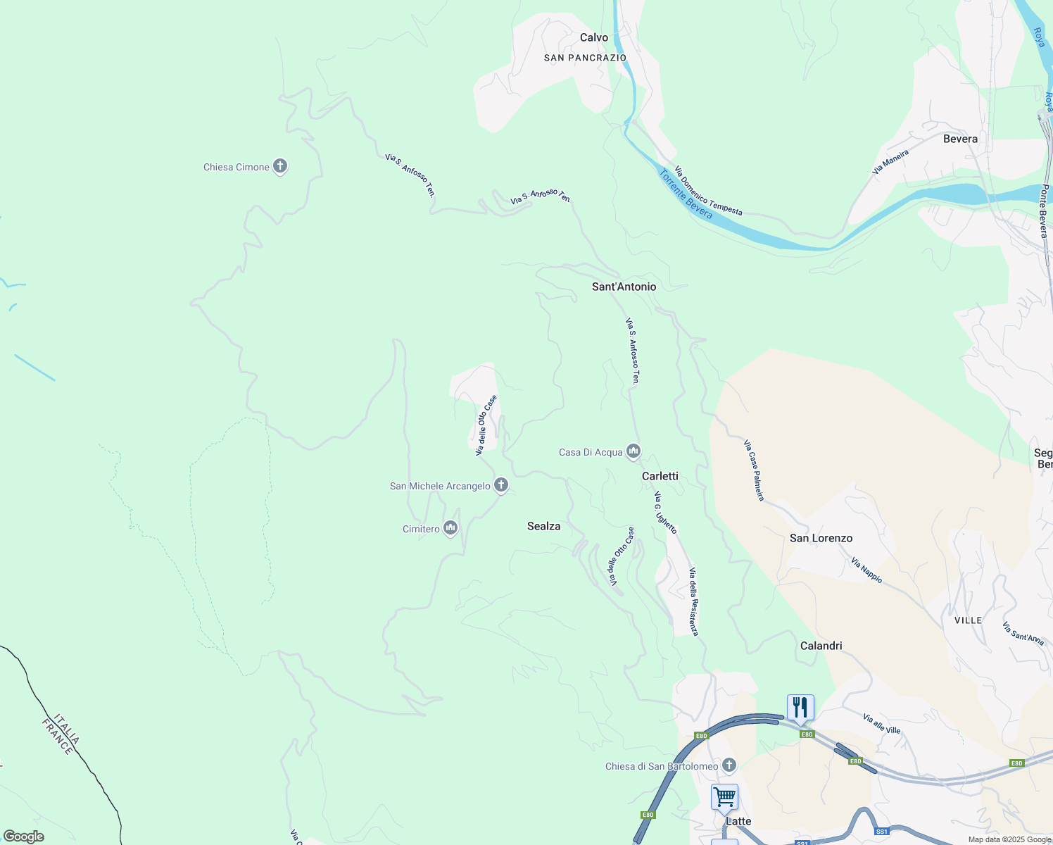 map of restaurants, bars, coffee shops, grocery stores, and more near 92 Via delle Otto Case in Provincia di Imperia