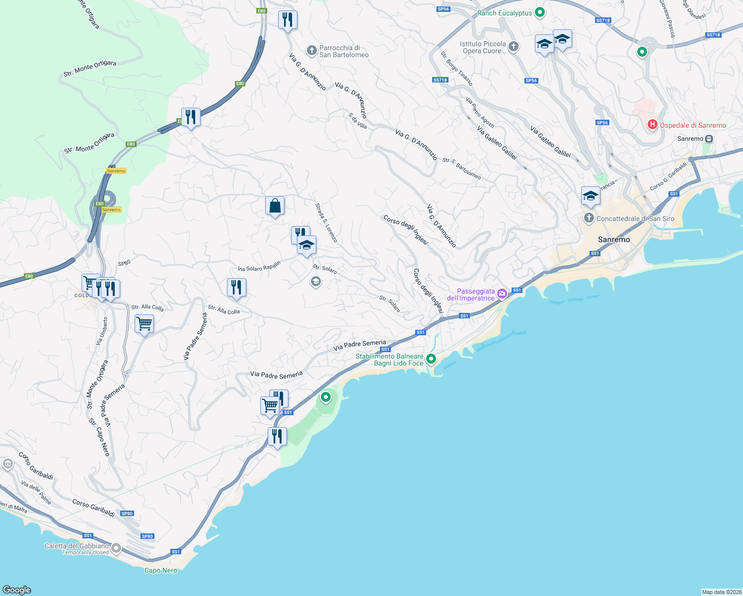 map of restaurants, bars, coffee shops, grocery stores, and more near 1 Via Franco Alfano in Sanremo