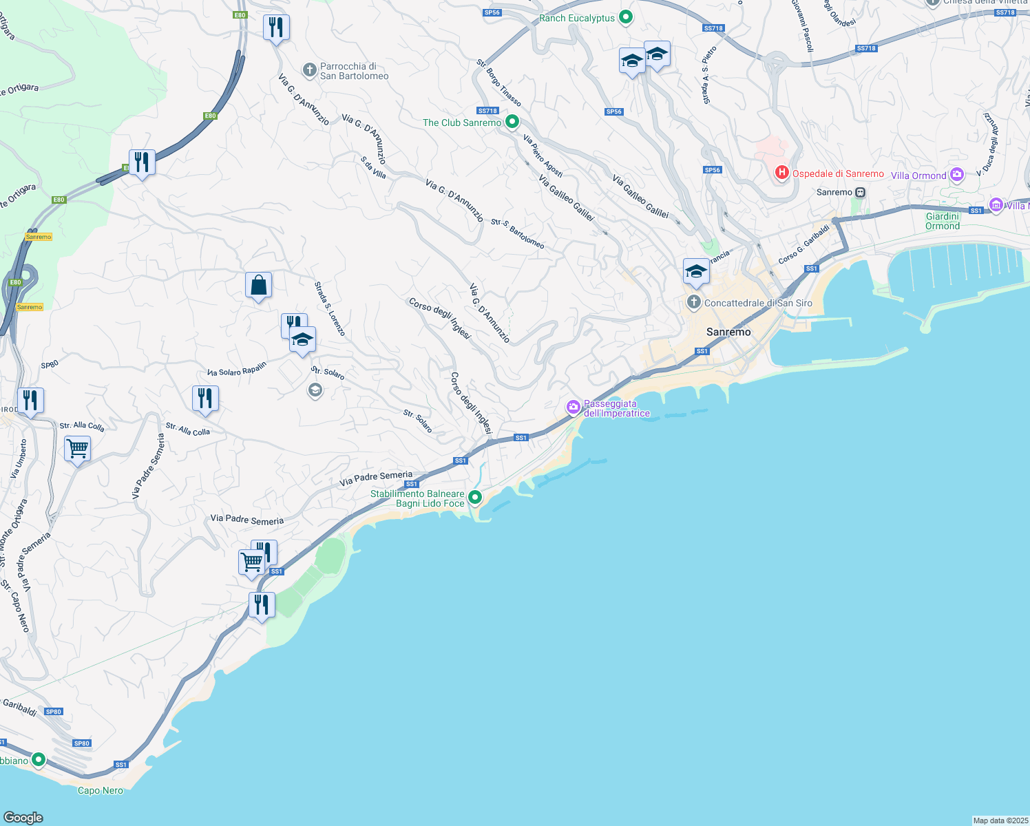 map of restaurants, bars, coffee shops, grocery stores, and more near 13 Via Hope in Sanremo