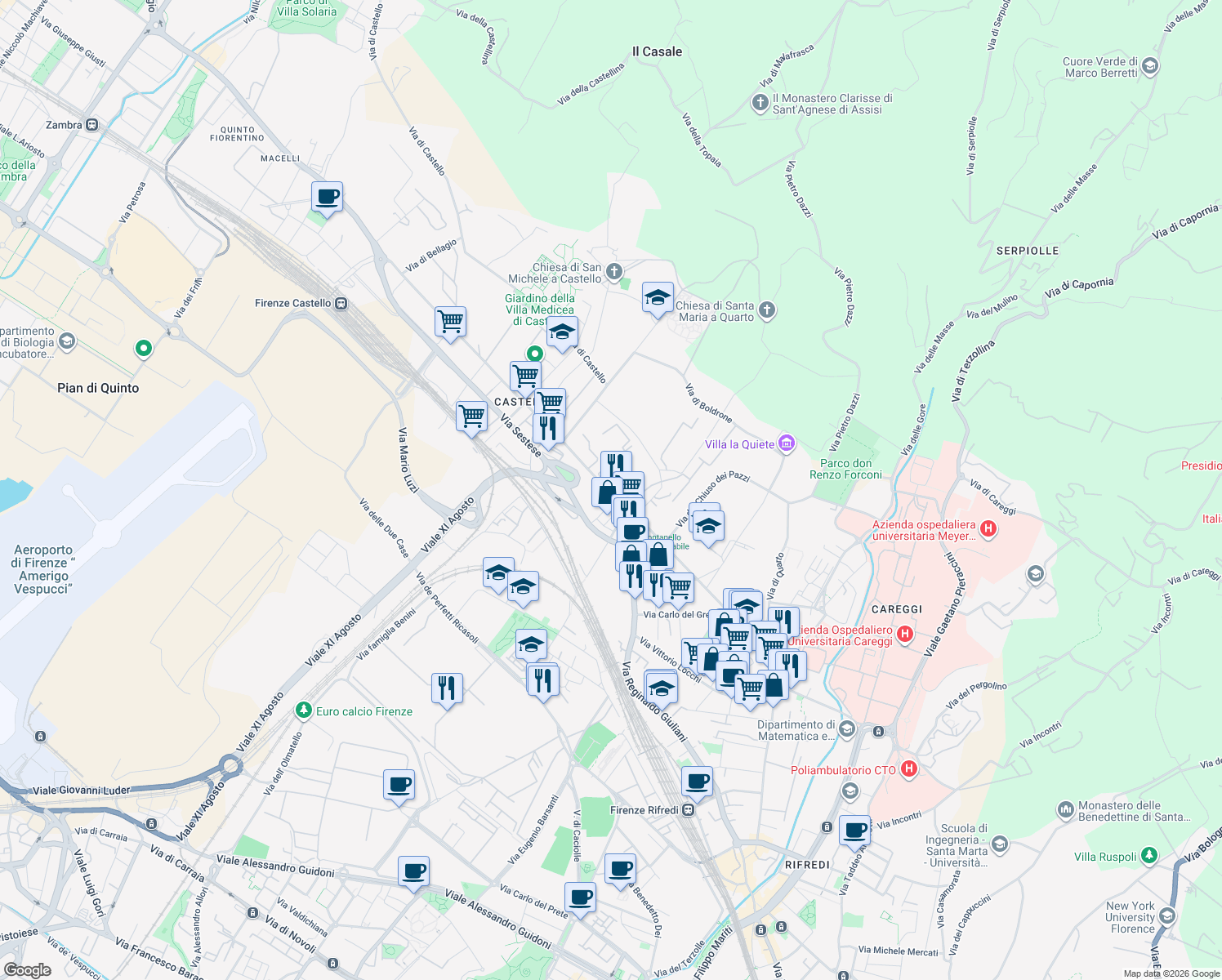 map of restaurants, bars, coffee shops, grocery stores, and more near 19 Via Enrico Baroni in Firenze