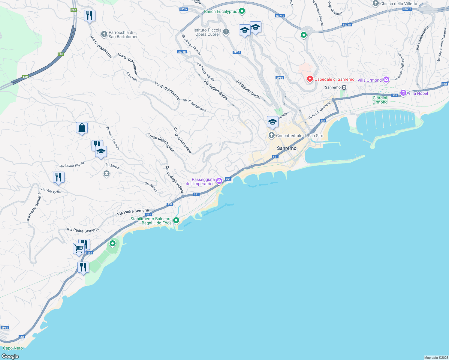 map of restaurants, bars, coffee shops, grocery stores, and more near 2729 Pista Ciclabile del Parco Costiero della Riviera dei Fiori in Sanremo