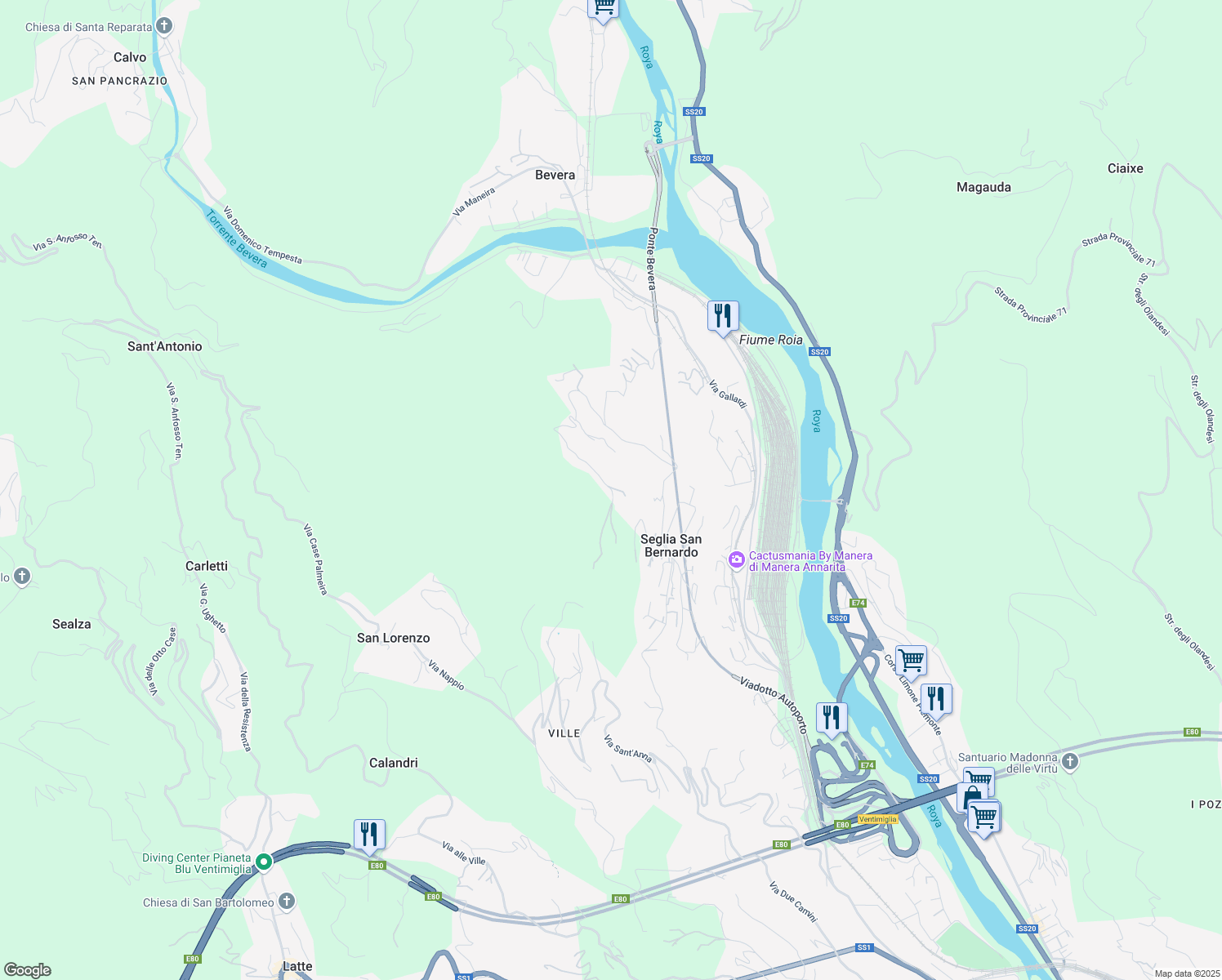 map of restaurants, bars, coffee shops, grocery stores, and more near 131 Via Ciappin in Provincia di Imperia