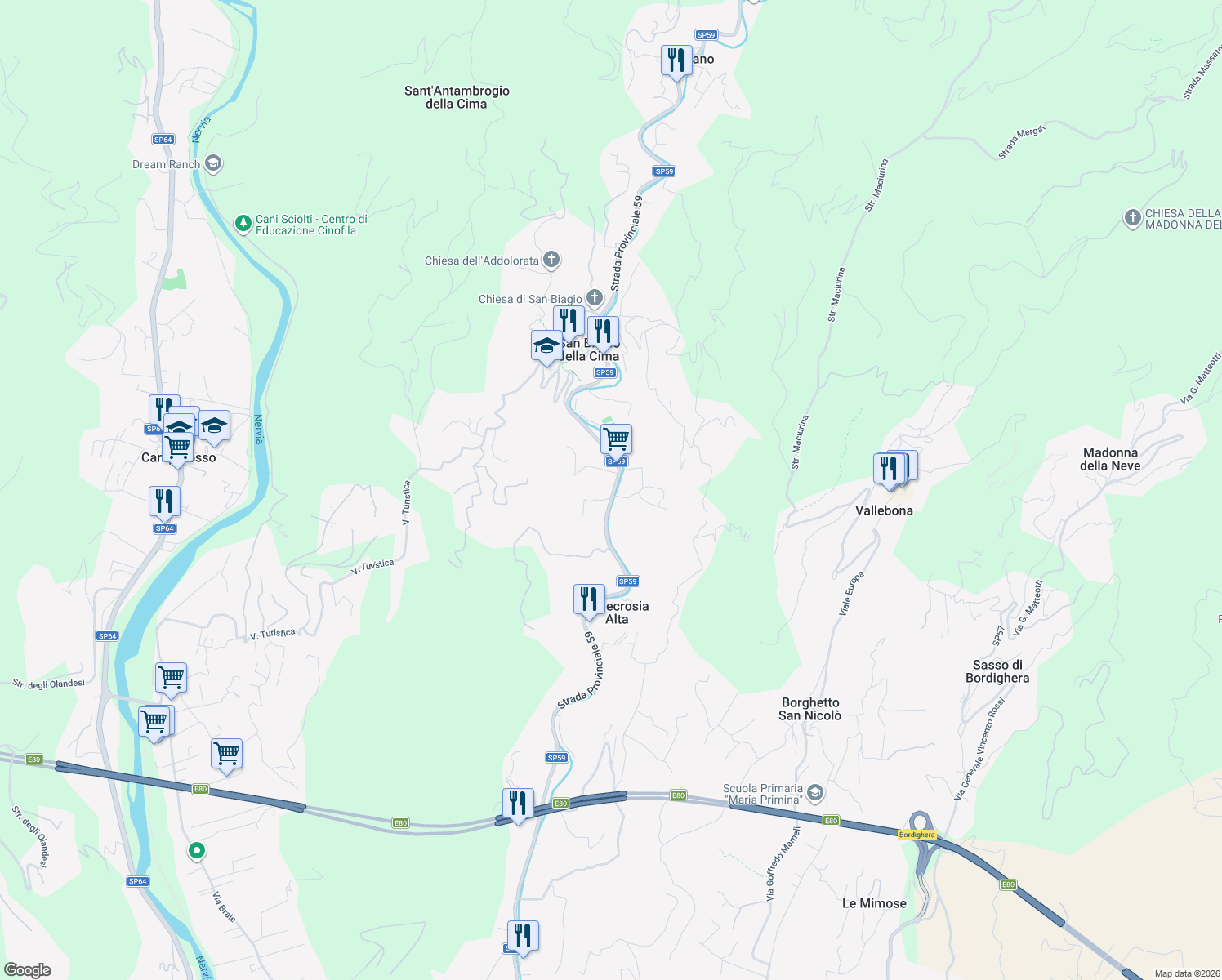 map of restaurants, bars, coffee shops, grocery stores, and more near 5 Via Provinciale in Province of Imperia
