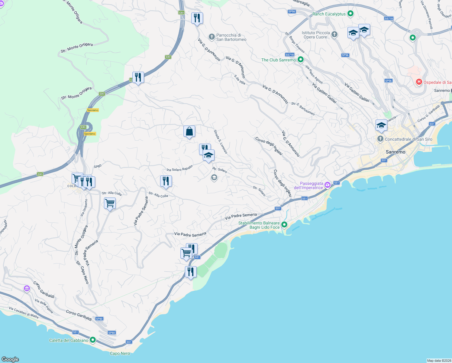 map of restaurants, bars, coffee shops, grocery stores, and more near 95B Strada Solaro in Sanremo