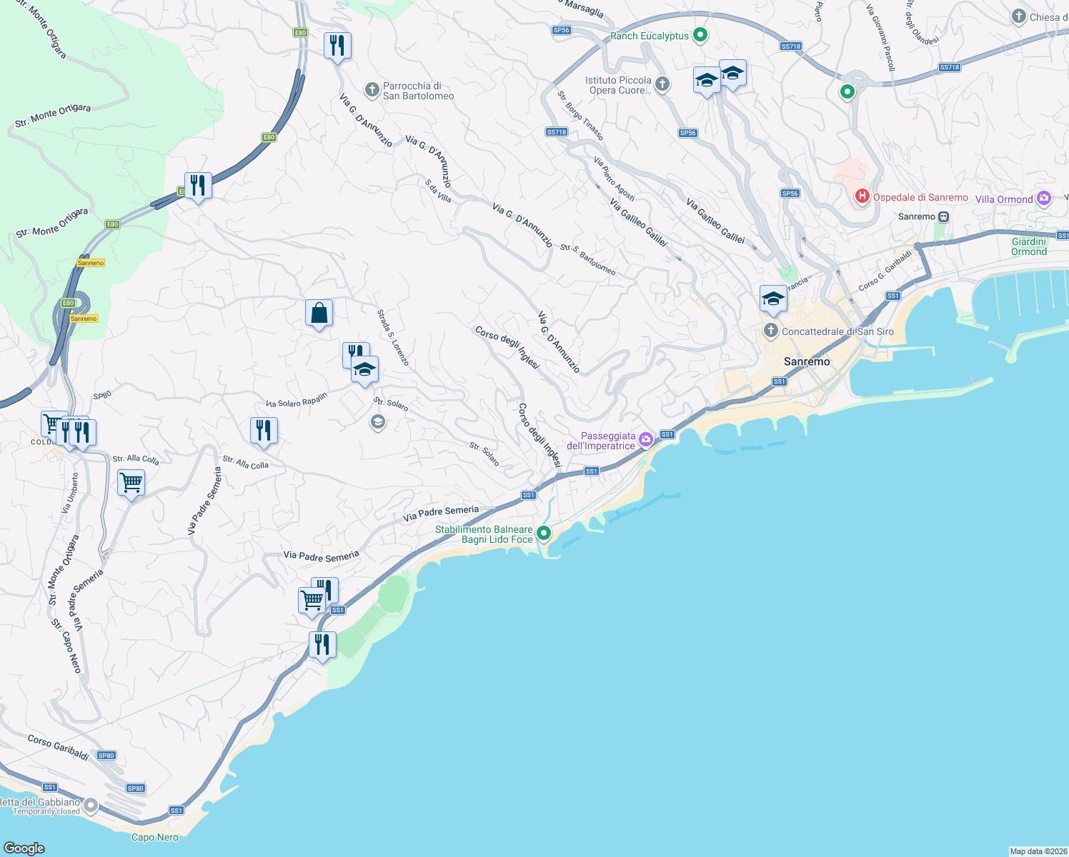 map of restaurants, bars, coffee shops, grocery stores, and more near 541 Corso degli Inglesi in Sanremo
