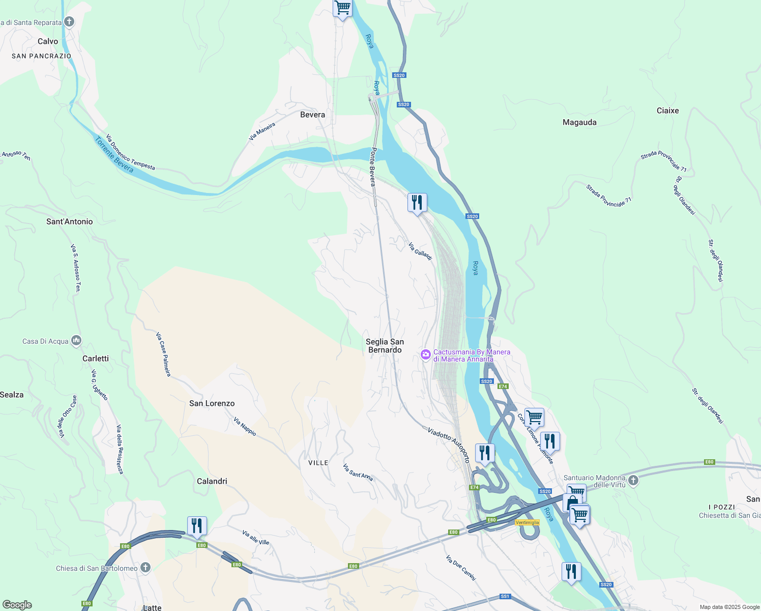 map of restaurants, bars, coffee shops, grocery stores, and more near 1B Piazzetta Trucchi in Seglia San Bernardo