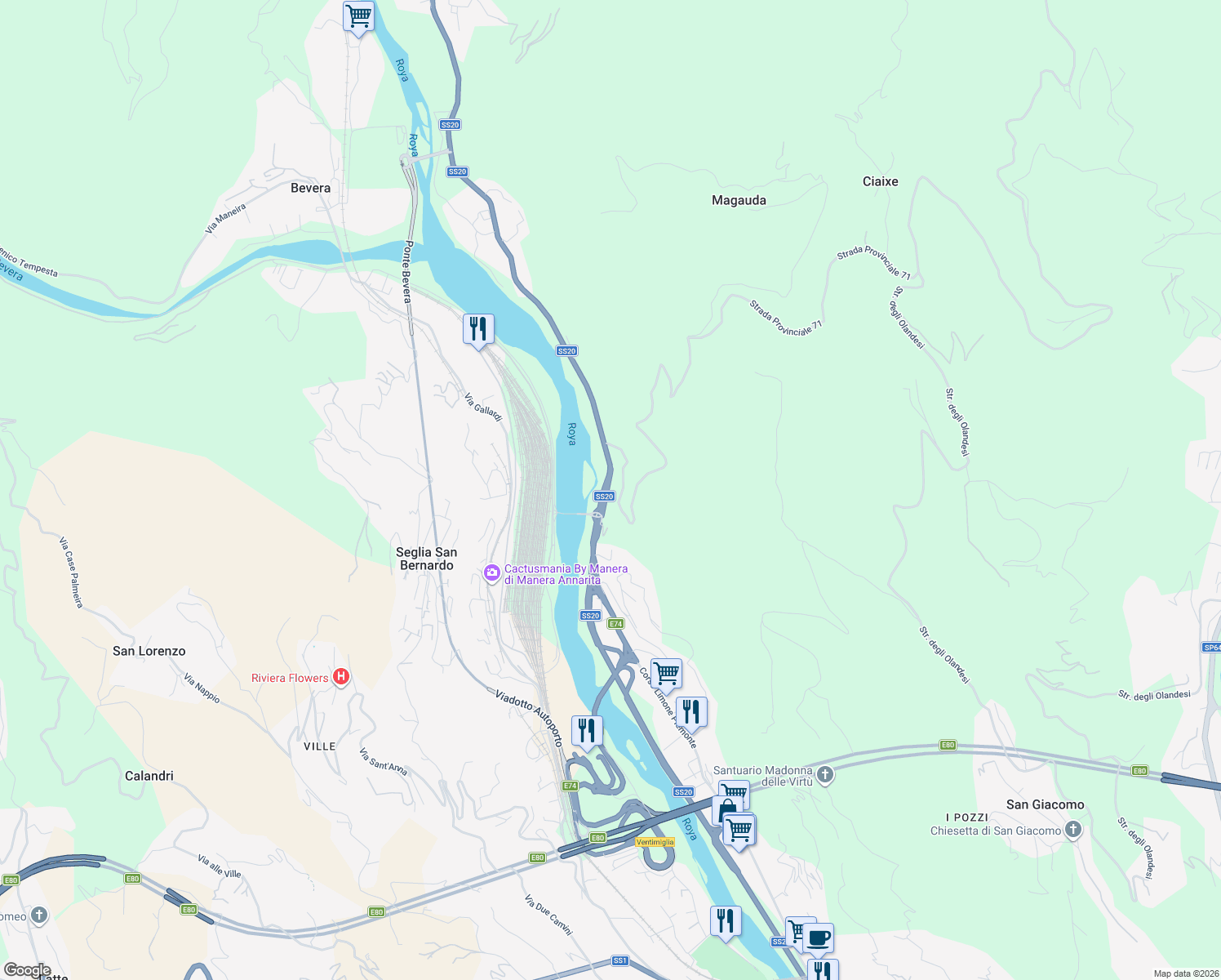 map of restaurants, bars, coffee shops, grocery stores, and more near 176 Corso Limone Piemonte in Ventimiglia
