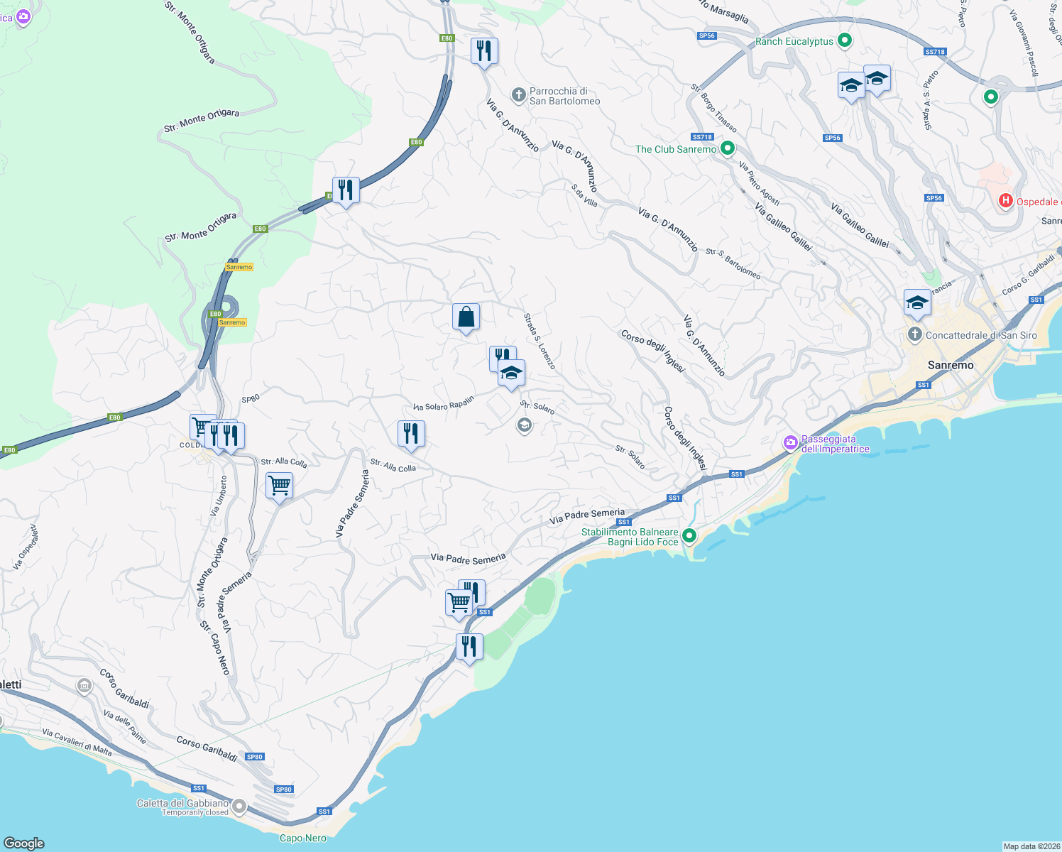 map of restaurants, bars, coffee shops, grocery stores, and more near 109A Strada Solaro in Sanremo