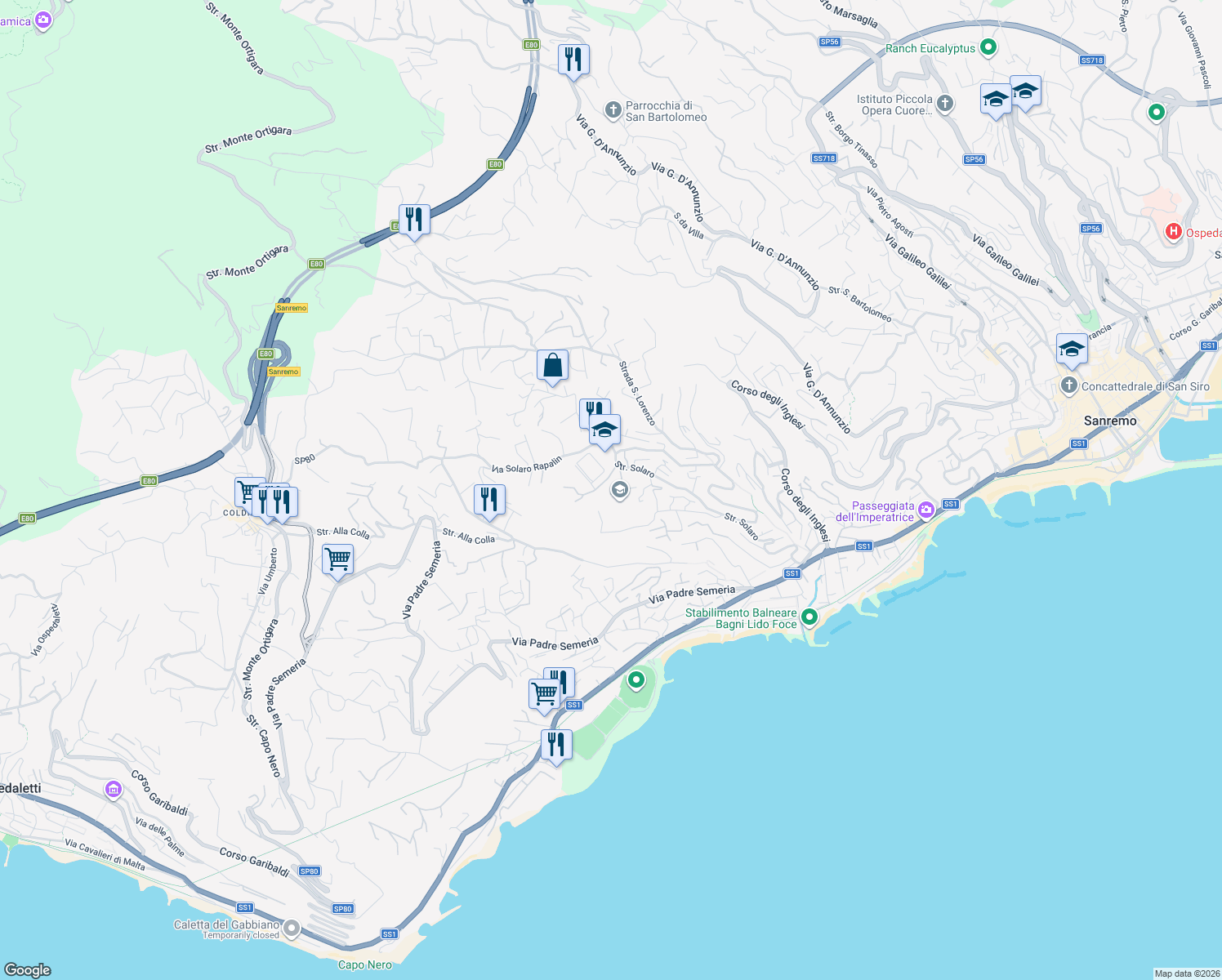 map of restaurants, bars, coffee shops, grocery stores, and more near 109A Strada Solaro in Sanremo