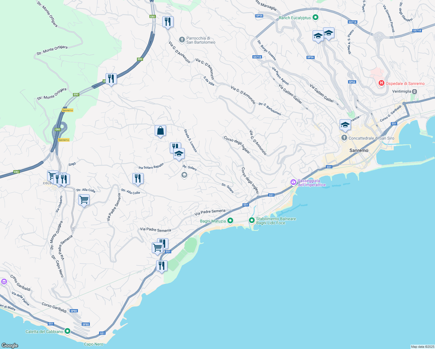 map of restaurants, bars, coffee shops, grocery stores, and more near 179 Strada Solaro in Sanremo