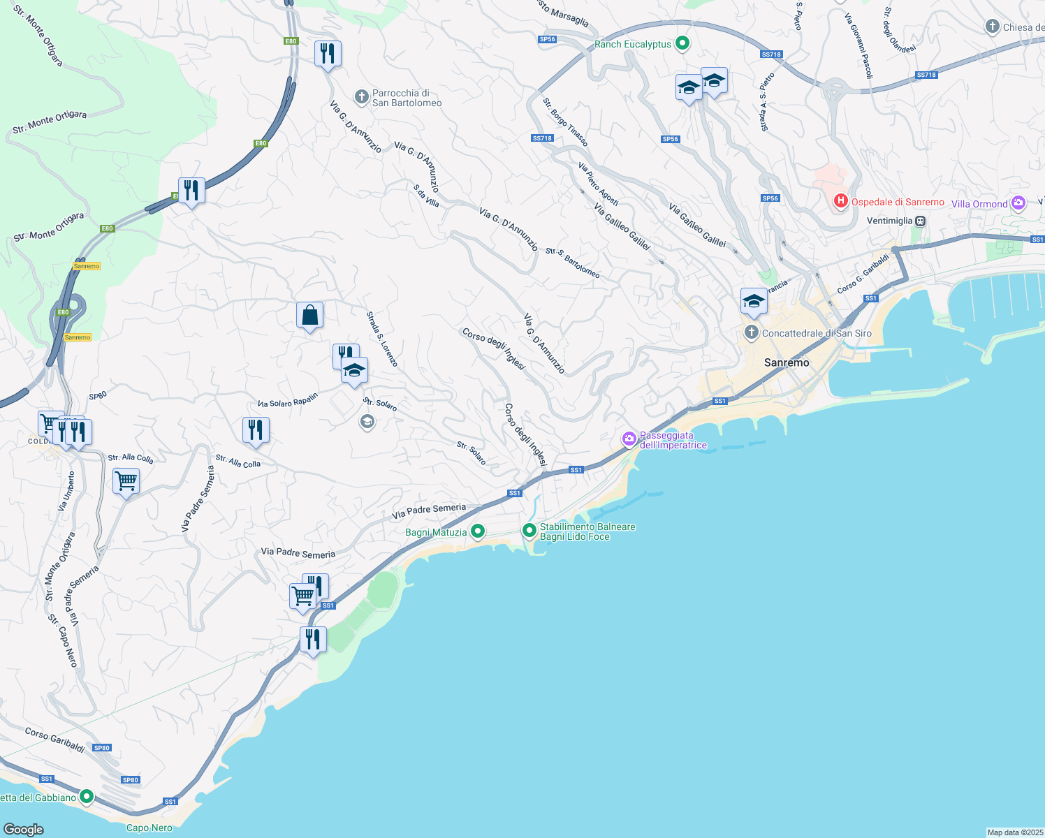 map of restaurants, bars, coffee shops, grocery stores, and more near 541 Corso degli Inglesi in Sanremo