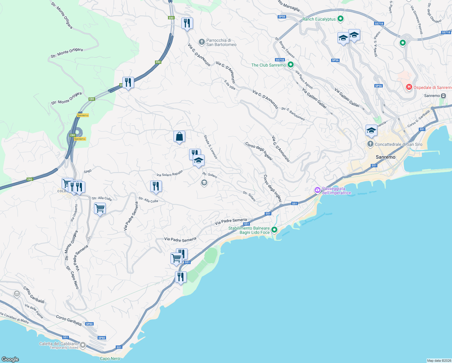 map of restaurants, bars, coffee shops, grocery stores, and more near 70 Strada Solaro in Sanremo