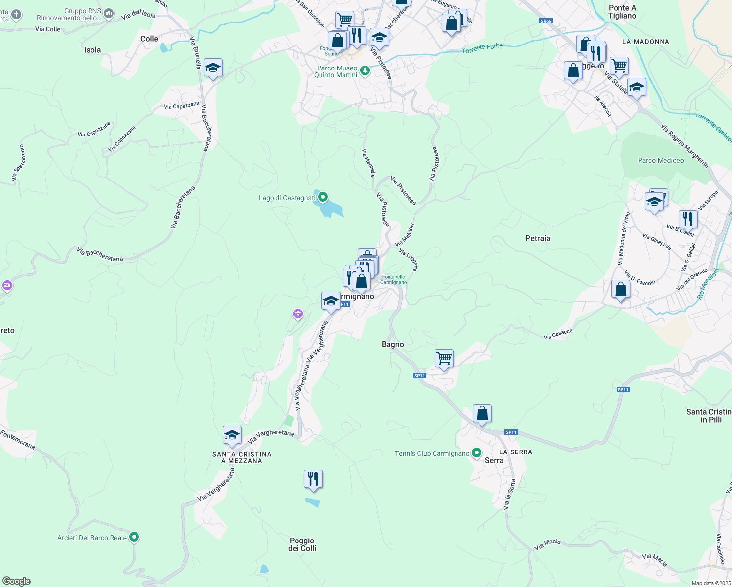 map of restaurants, bars, coffee shops, grocery stores, and more near 14 Via Ser Lapo Mazzei in Carmignano