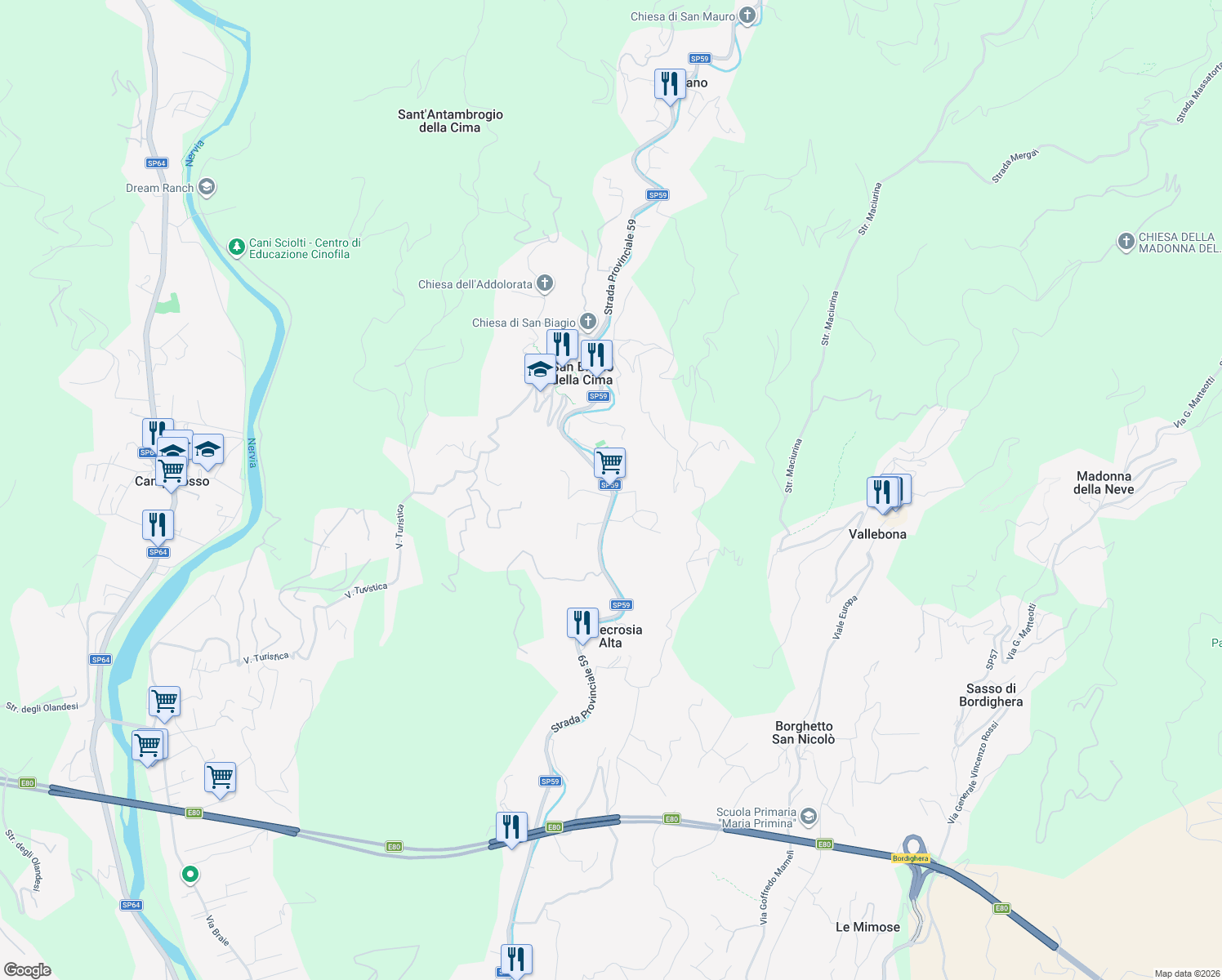 map of restaurants, bars, coffee shops, grocery stores, and more near 5 Via Provinciale in Provincia di Imperia