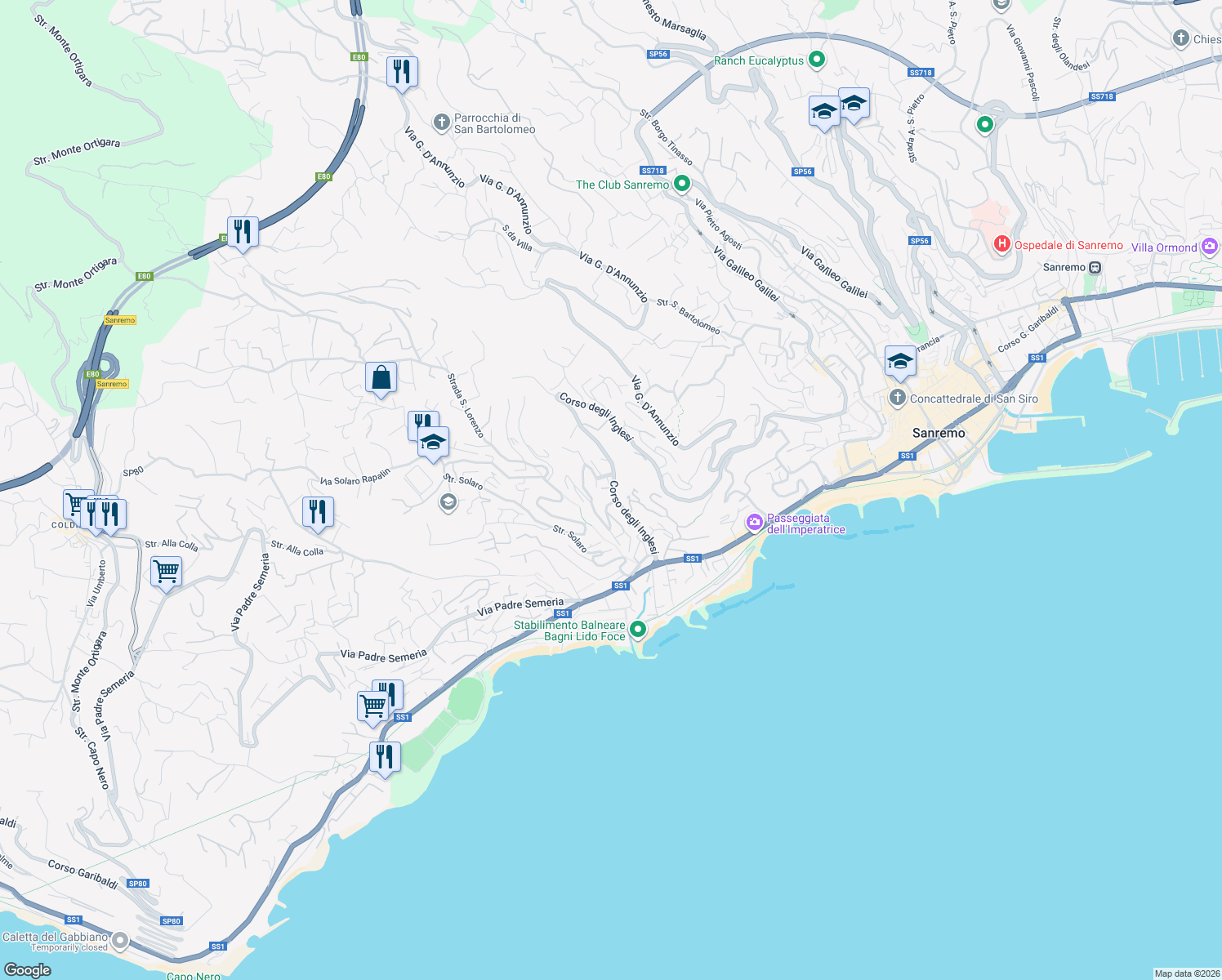 map of restaurants, bars, coffee shops, grocery stores, and more near 541 Corso degli Inglesi in Sanremo
