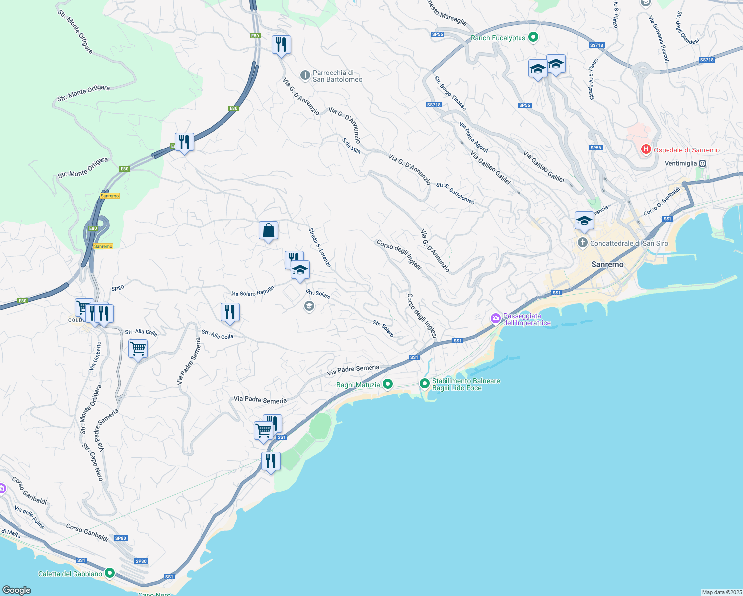 map of restaurants, bars, coffee shops, grocery stores, and more near 179-181 Strada Solaro in Sanremo
