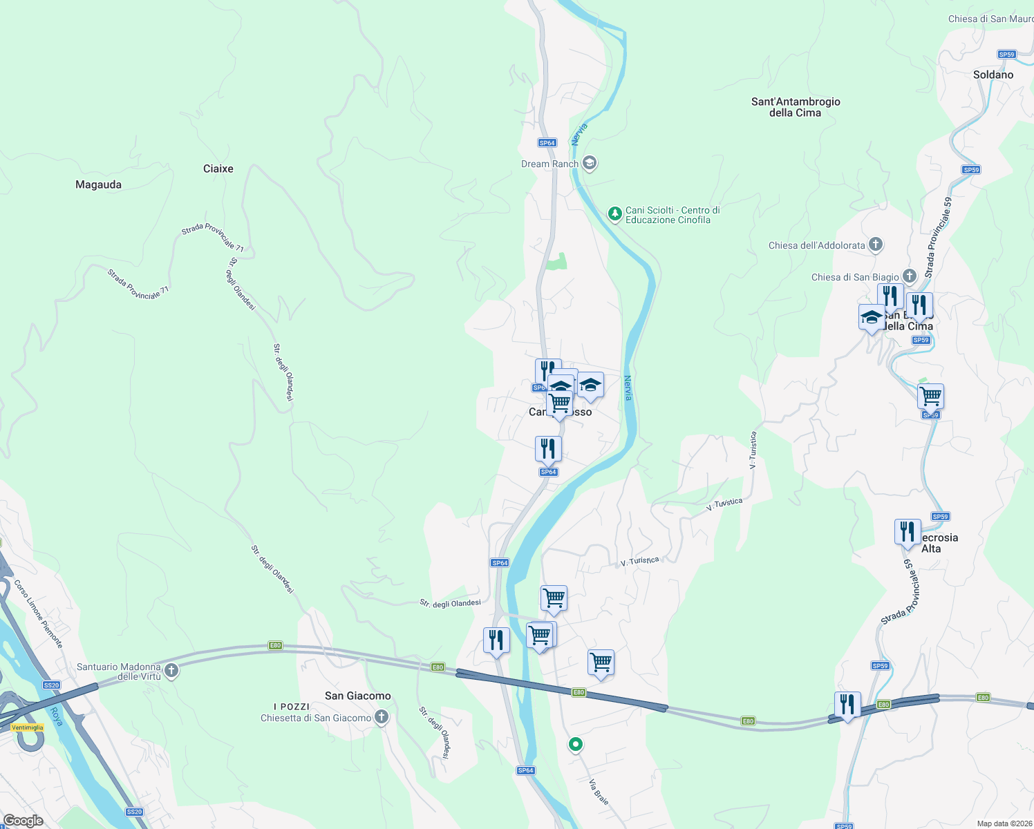 map of restaurants, bars, coffee shops, grocery stores, and more near 25 Via Piave in Camporosso