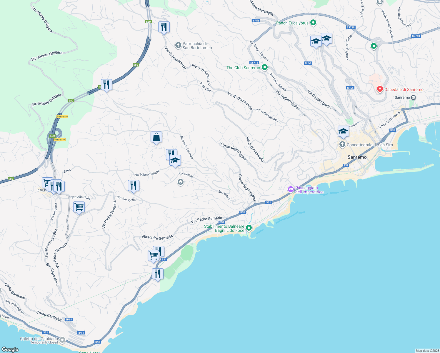 map of restaurants, bars, coffee shops, grocery stores, and more near 171 Strada Solaro in Sanremo