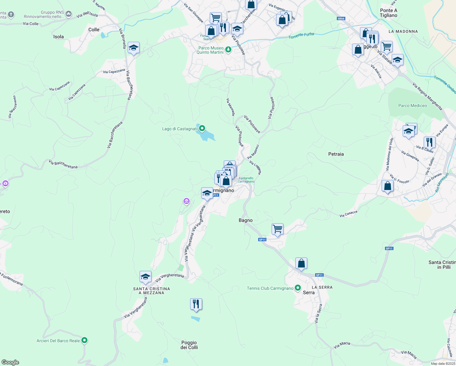 map of restaurants, bars, coffee shops, grocery stores, and more near 14 Via Ser Lapo Mazzei in Carmignano