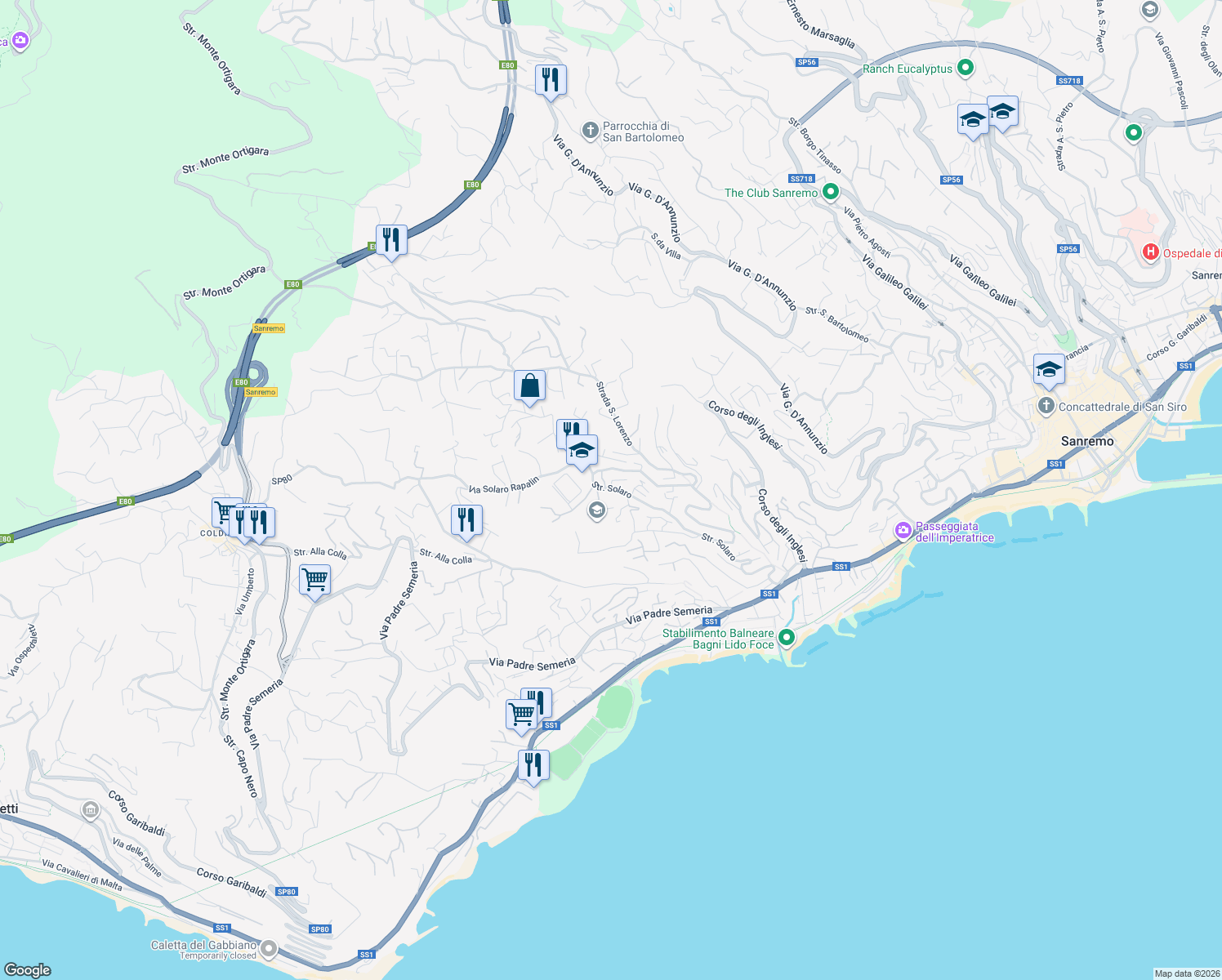 map of restaurants, bars, coffee shops, grocery stores, and more near 109A Strada Solaro in Sanremo