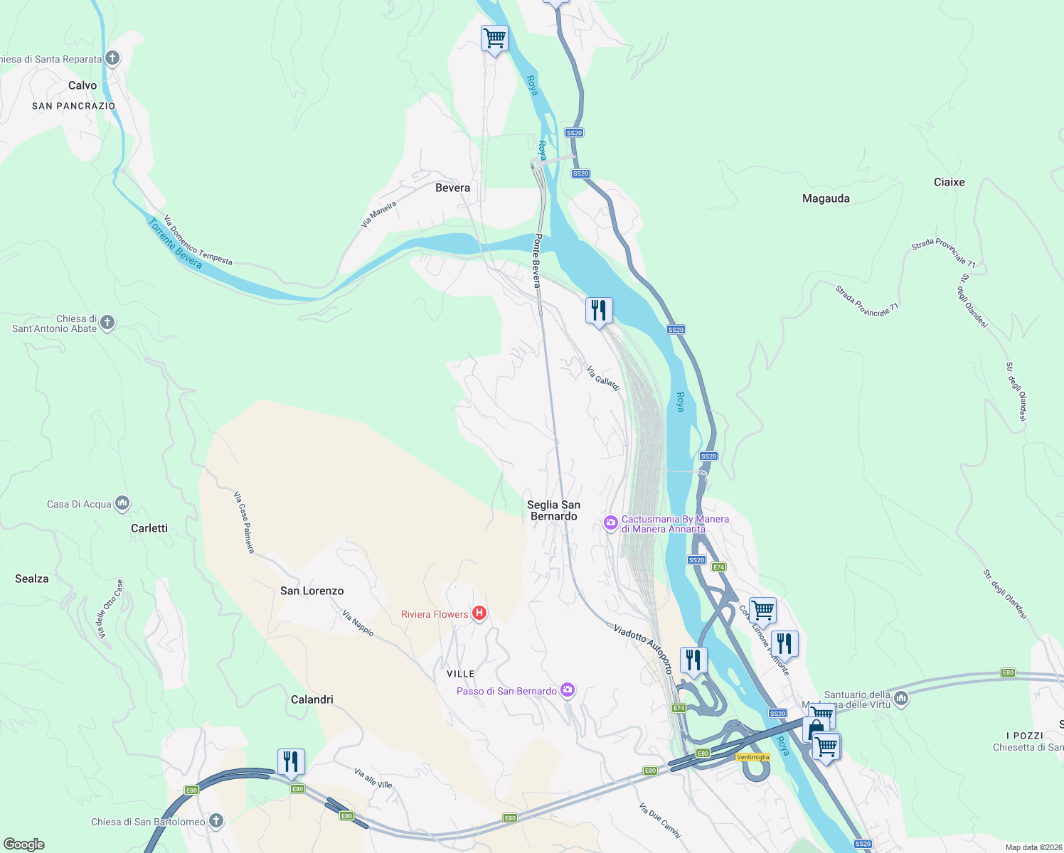 map of restaurants, bars, coffee shops, grocery stores, and more near 188 Via Ciappin in Provincia di Imperia