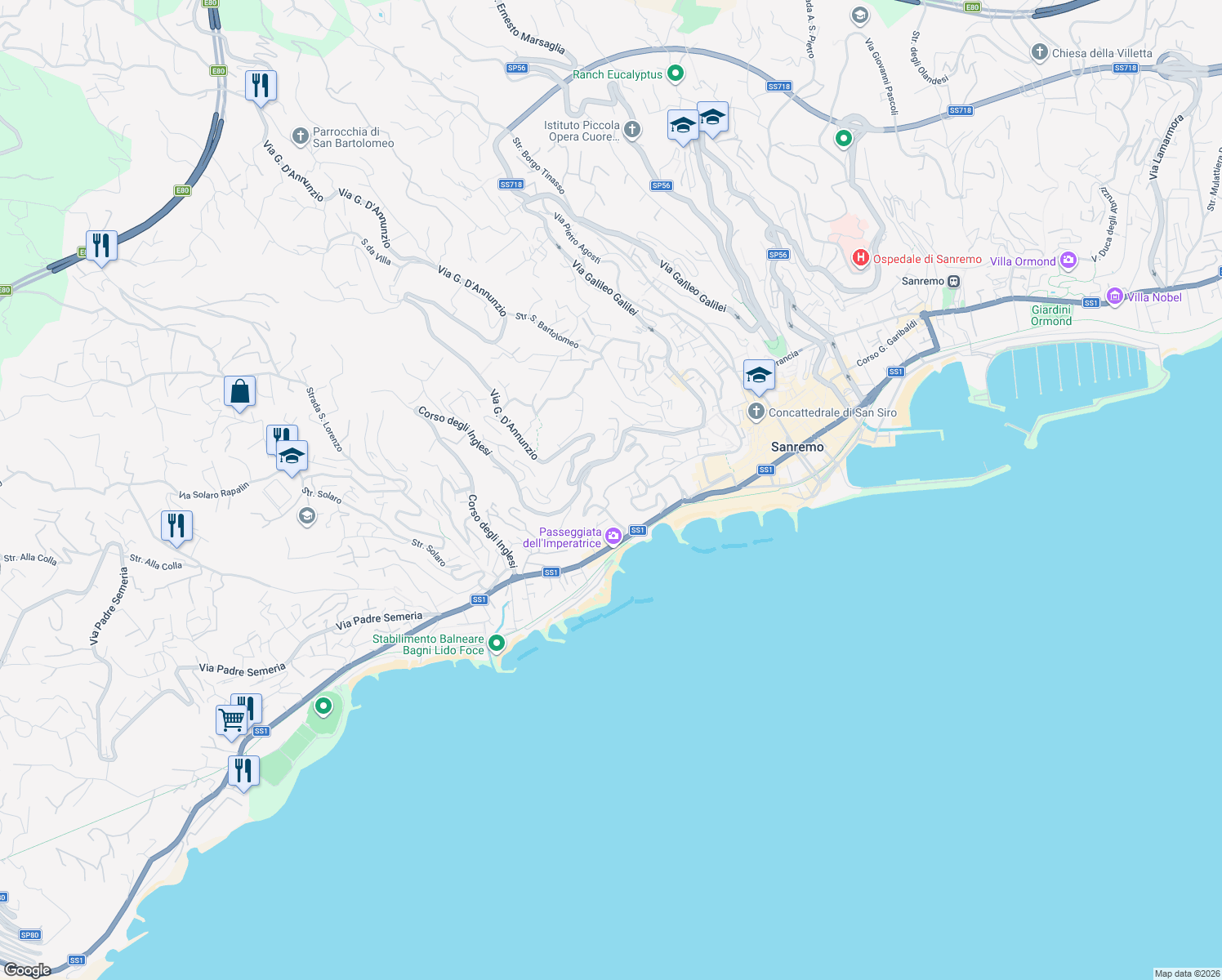 map of restaurants, bars, coffee shops, grocery stores, and more near 60 Via Roccasterone in Sanremo