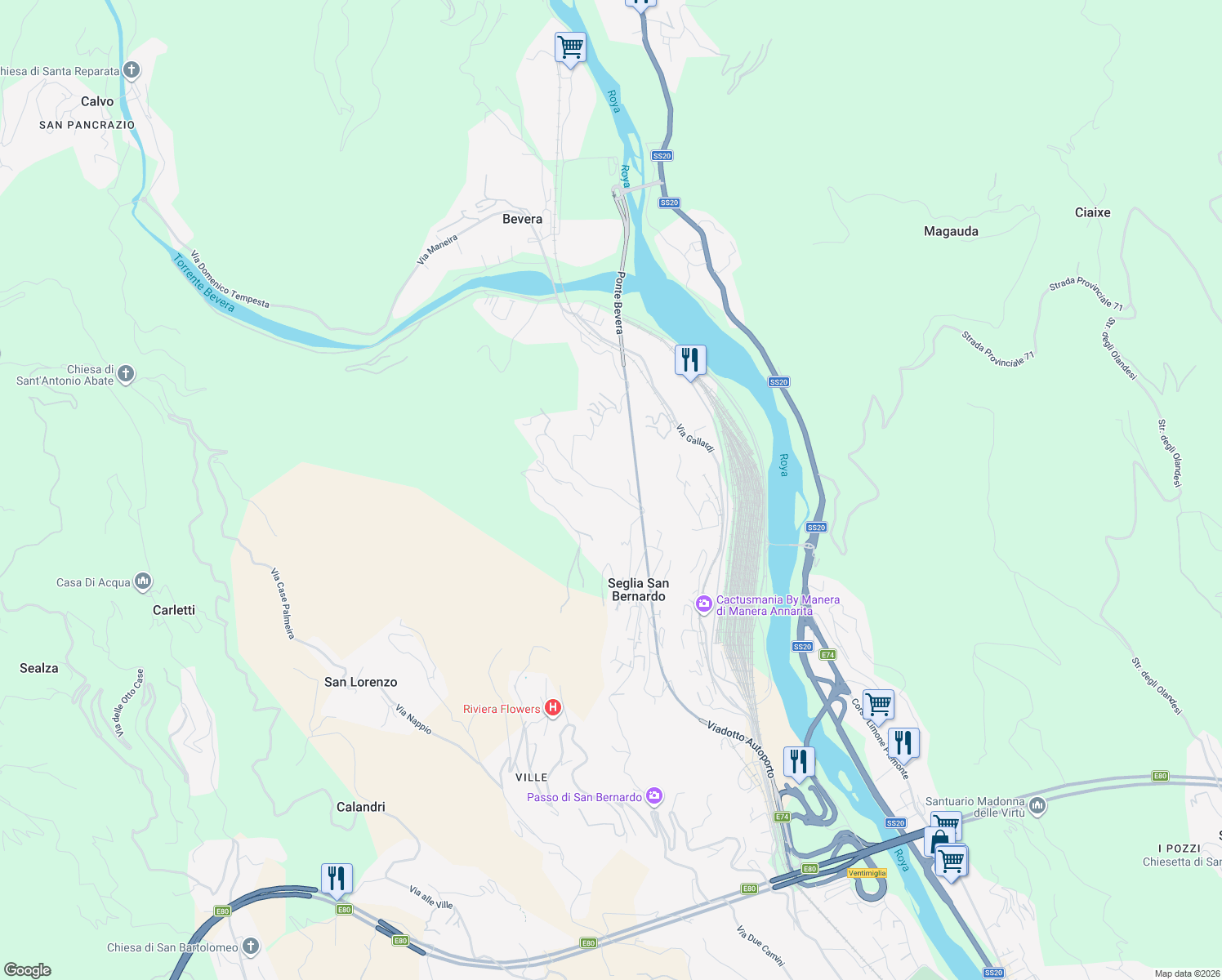 map of restaurants, bars, coffee shops, grocery stores, and more near 188 Via Ciappin in Provincia di Imperia