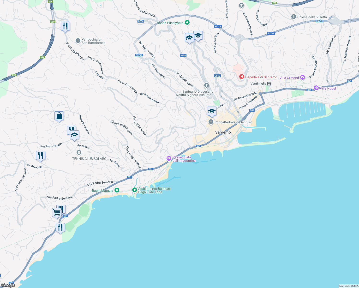 map of restaurants, bars, coffee shops, grocery stores, and more near 22 Via Nuvoloni in Sanremo