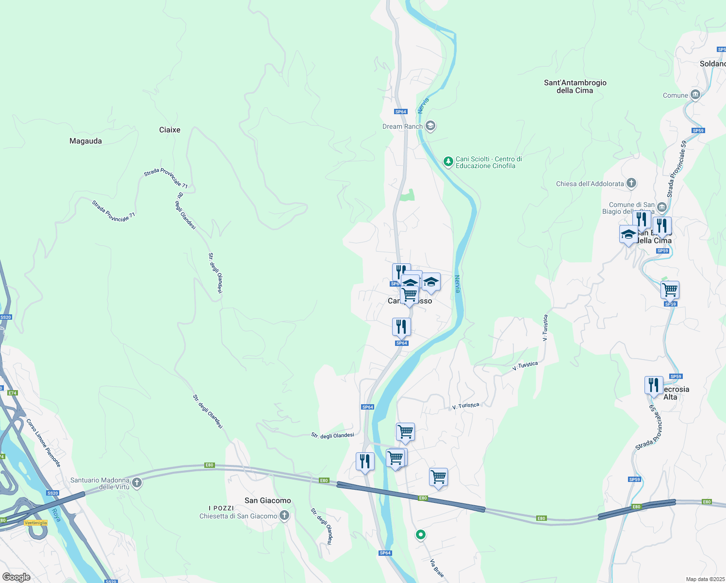 map of restaurants, bars, coffee shops, grocery stores, and more near 50 Via Piave in Camporosso
