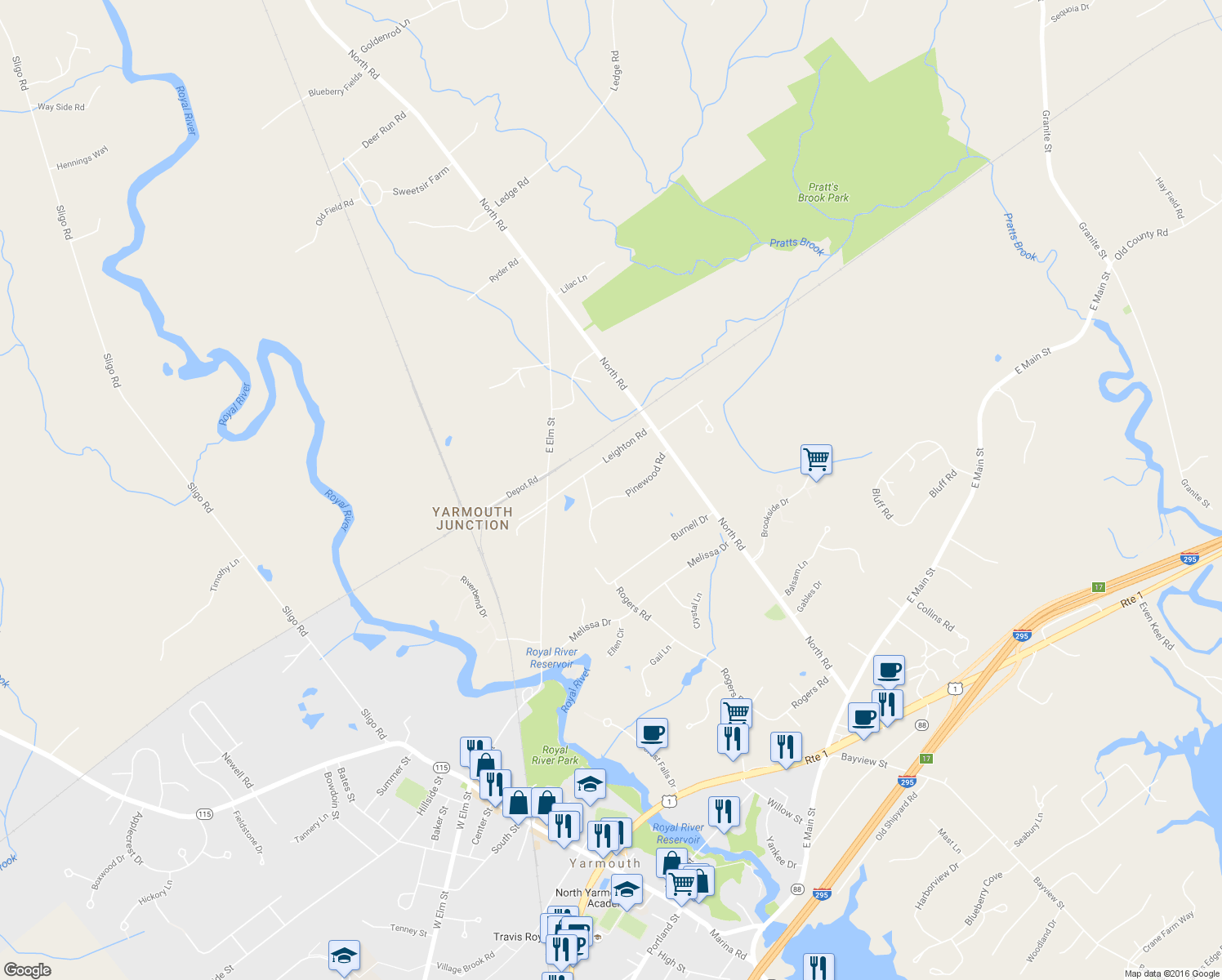 map of restaurants, bars, coffee shops, grocery stores, and more near 87 Pinewood Rd in Yarmouth