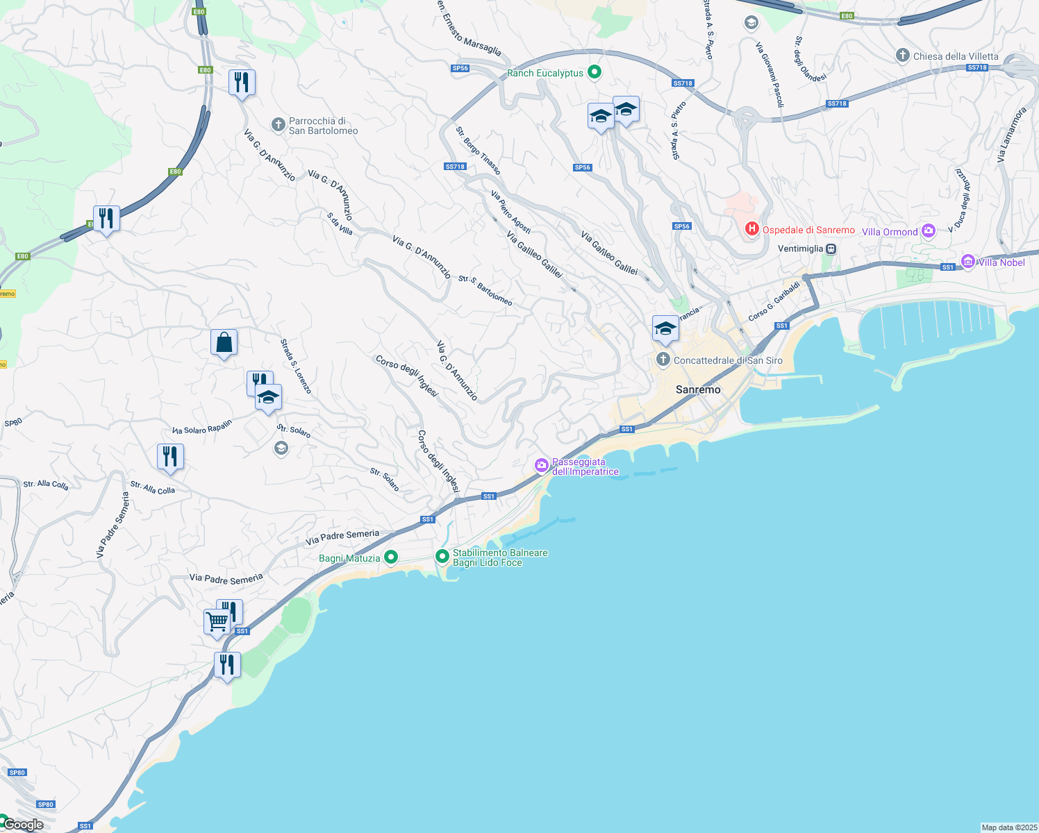 map of restaurants, bars, coffee shops, grocery stores, and more near 60 Via Roccasterone in Sanremo