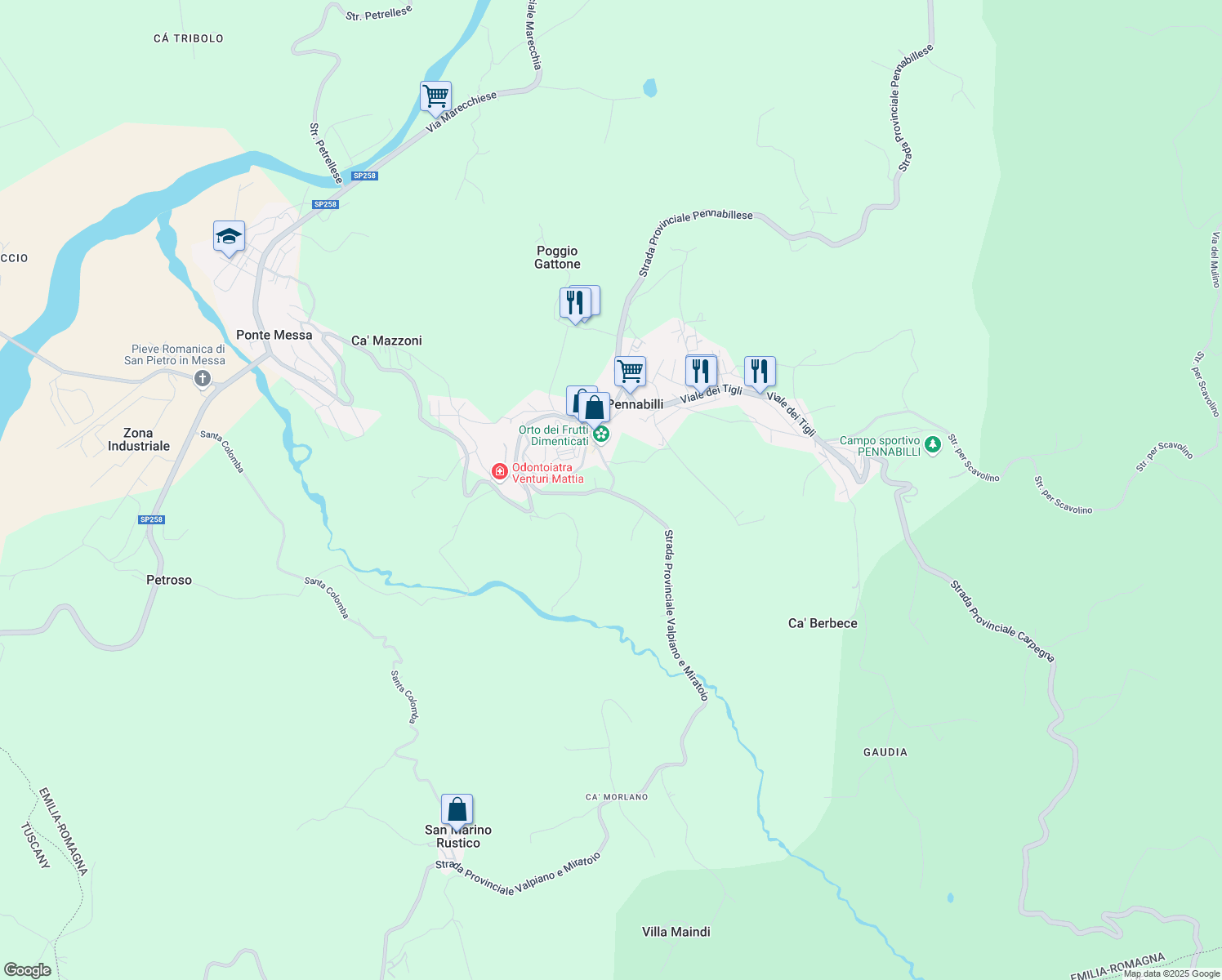 map of restaurants, bars, coffee shops, grocery stores, and more near 4 Via San Francesco in Pennabilli