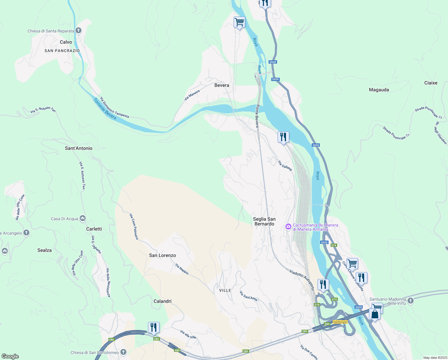 map of restaurants, bars, coffee shops, grocery stores, and more near 121 Via Ciappin in Provincia di Imperia