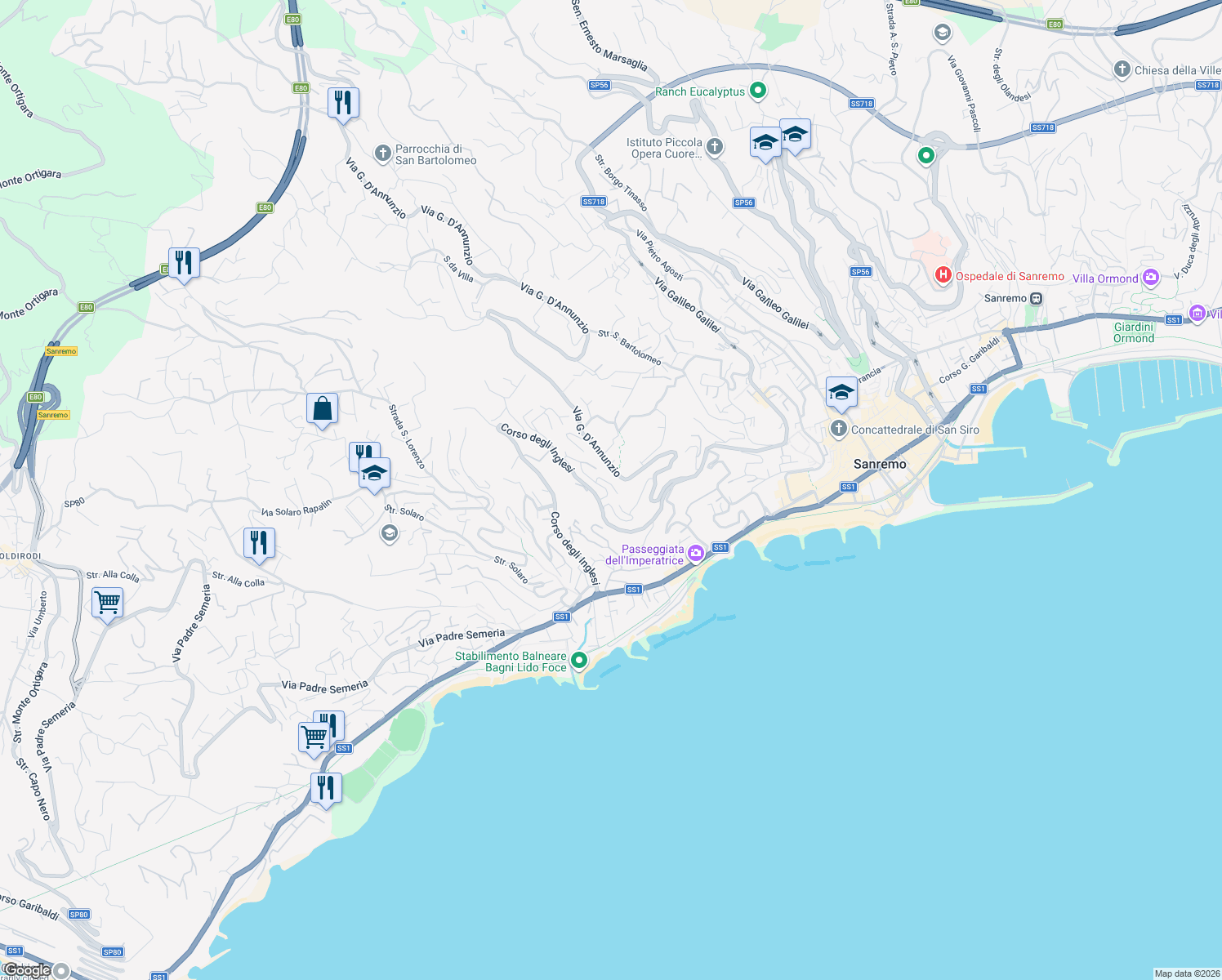 map of restaurants, bars, coffee shops, grocery stores, and more near 1 Via Gabriele D'Annunzio in Sanremo