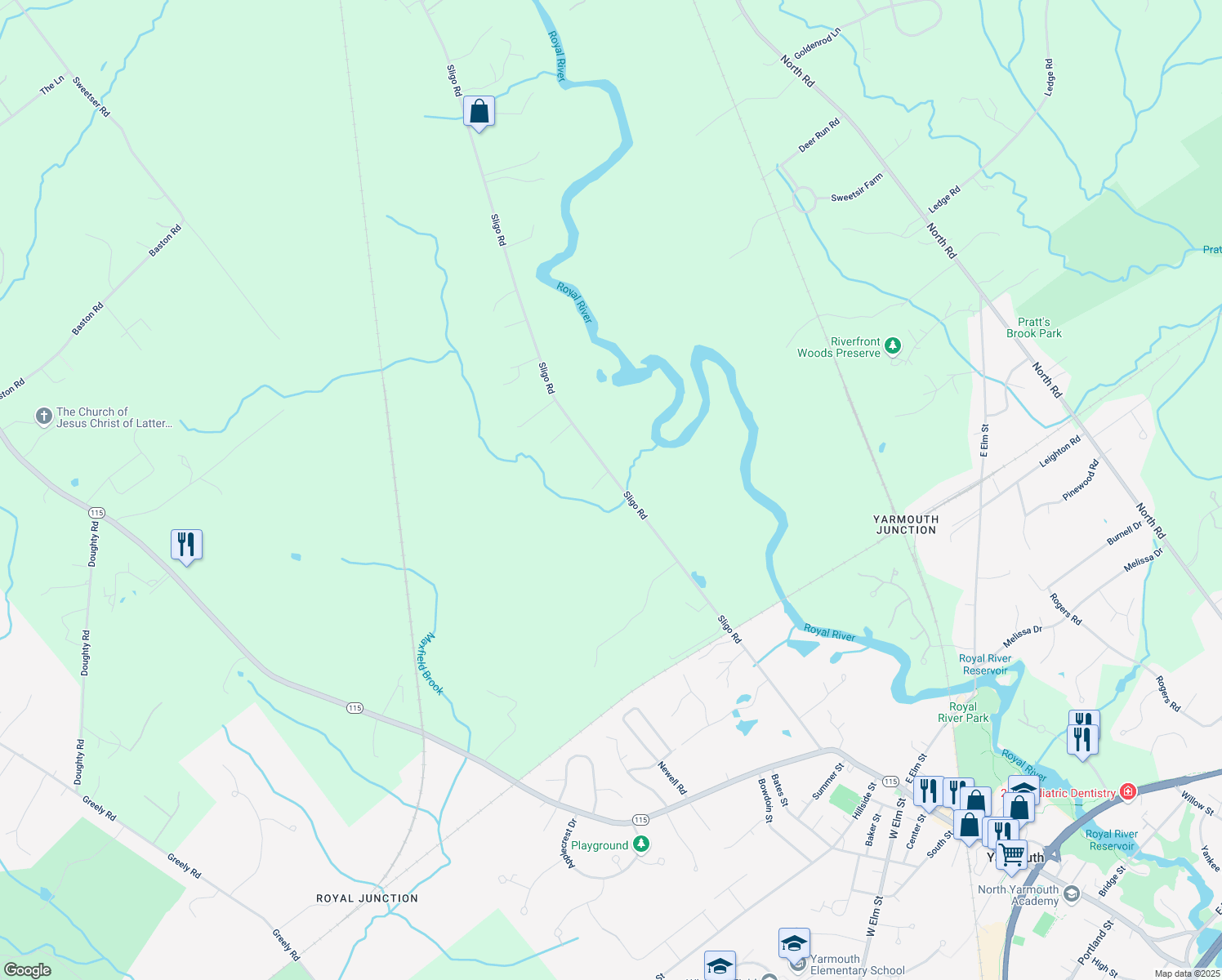map of restaurants, bars, coffee shops, grocery stores, and more near 372 Sligo Rd in Yarmouth