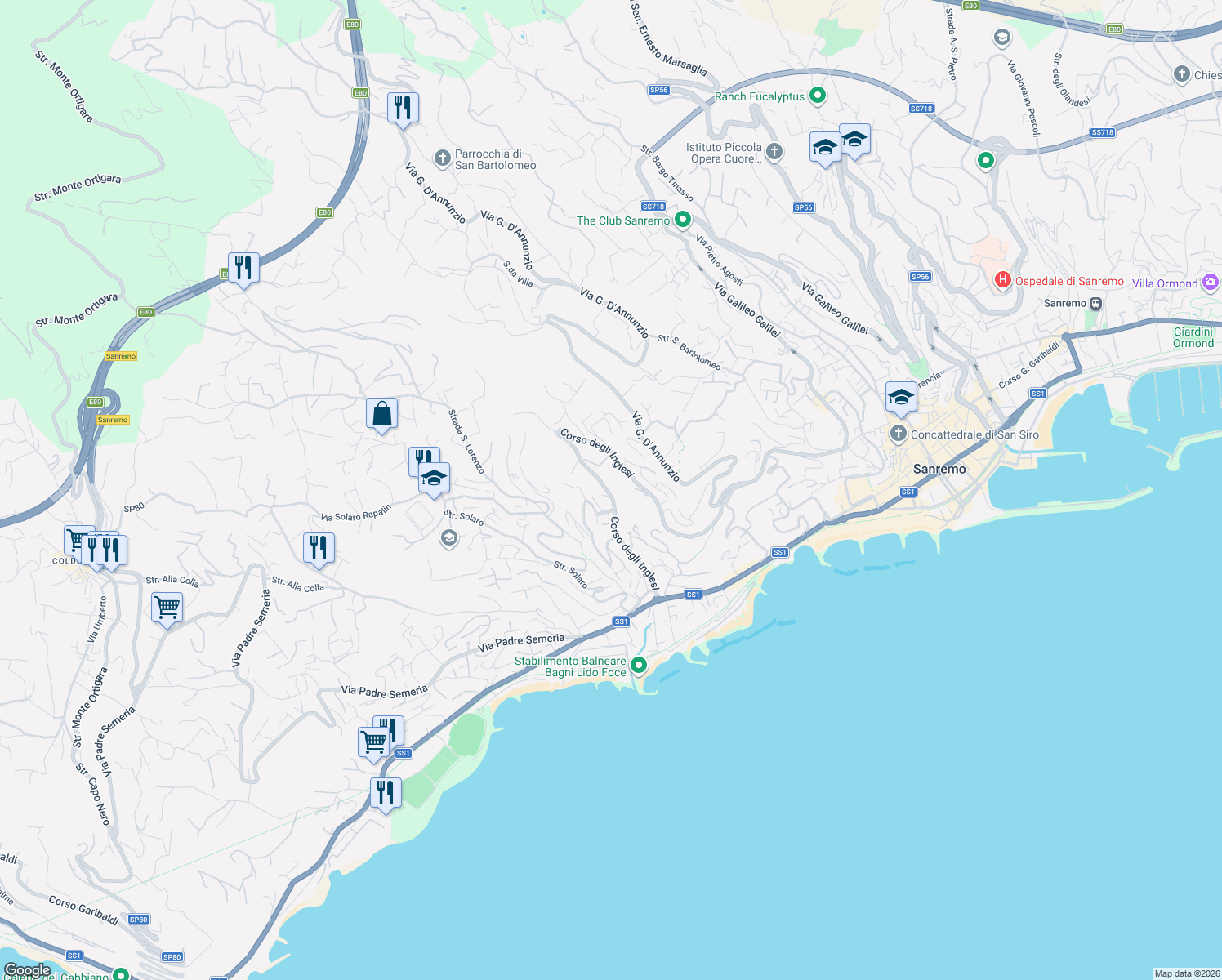 map of restaurants, bars, coffee shops, grocery stores, and more near 531 Corso degli Inglesi in Sanremo