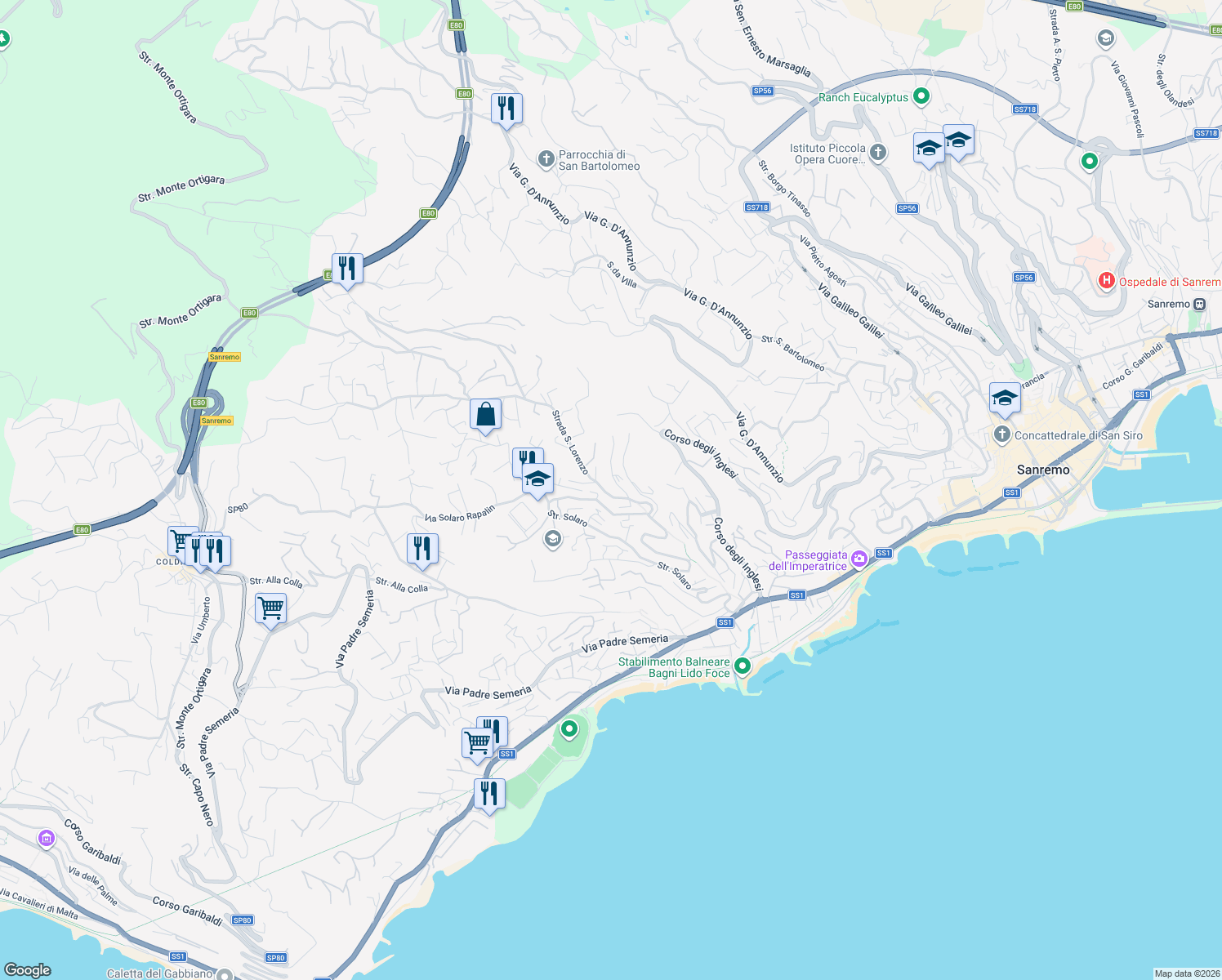 map of restaurants, bars, coffee shops, grocery stores, and more near 21 Strada Mulattiera San Lorenzo in Sanremo