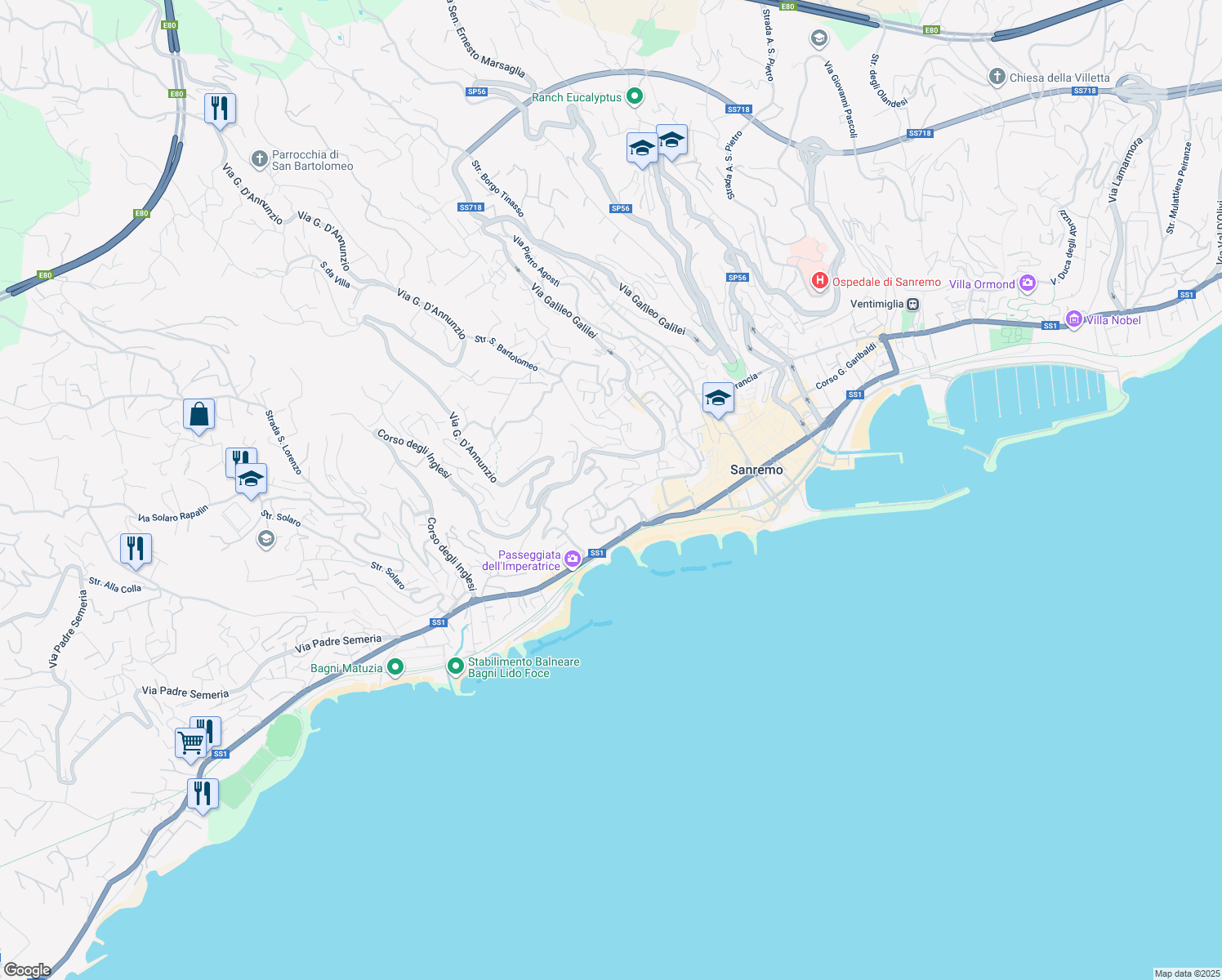 map of restaurants, bars, coffee shops, grocery stores, and more near 45 Via Privata Fratelli Asquasciati in Sanremo