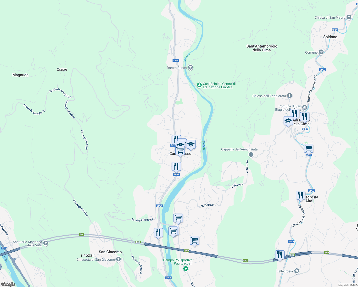 map of restaurants, bars, coffee shops, grocery stores, and more near 31 Via Magenta in Camporosso